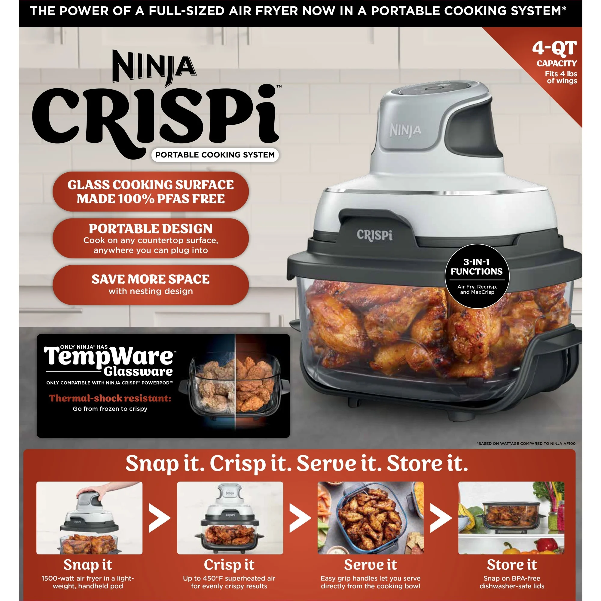Ninja Crispi 3-in-1 Portable Cooking System with 4 QT TempWare Container