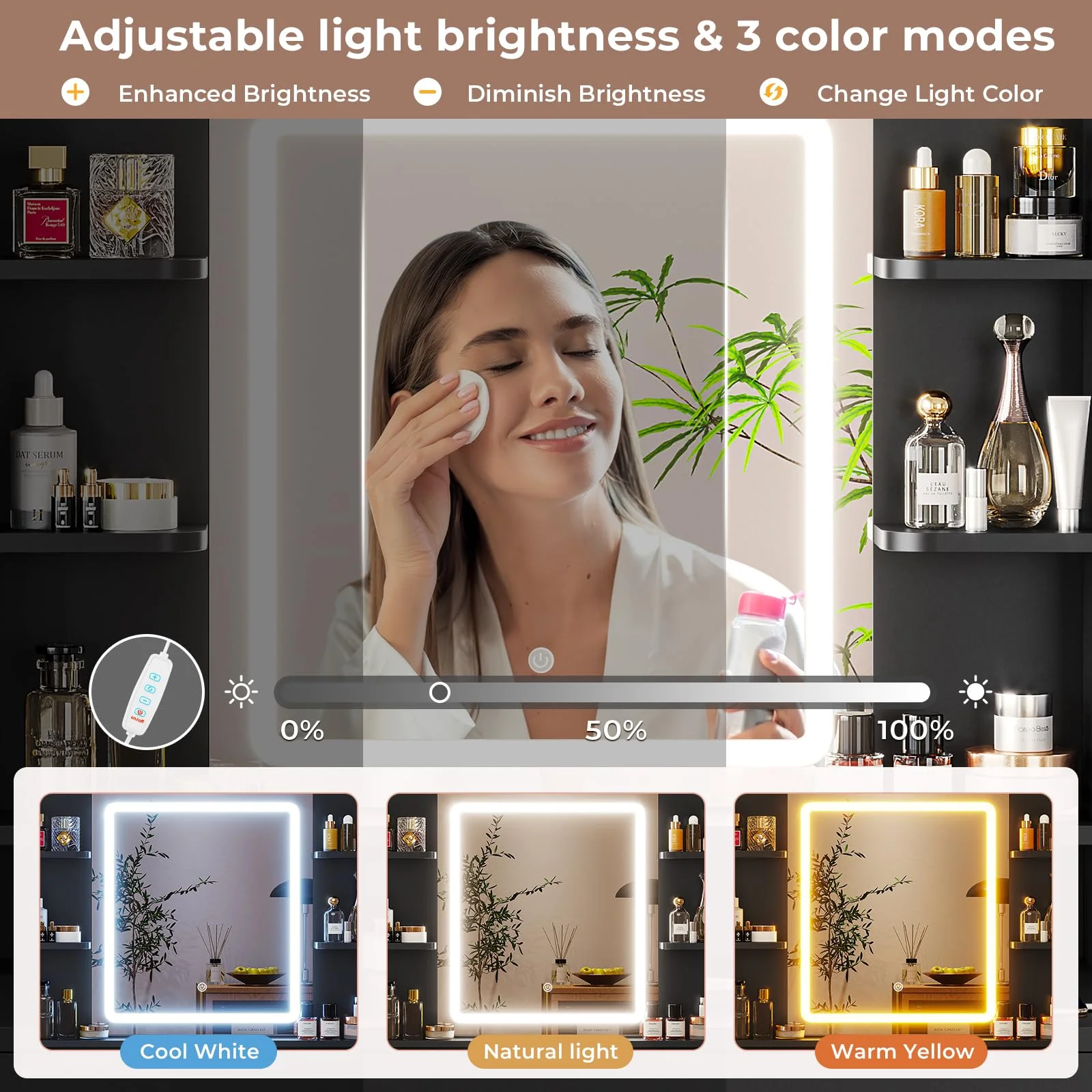 Makeup Vanity Desk with Lighted Mirror & Charging Stations & 6 Drawers Large Vanity Table Bedroom Dressing Table with Glass Tabletop&Side Cabinet&Glass Tabletop, Black