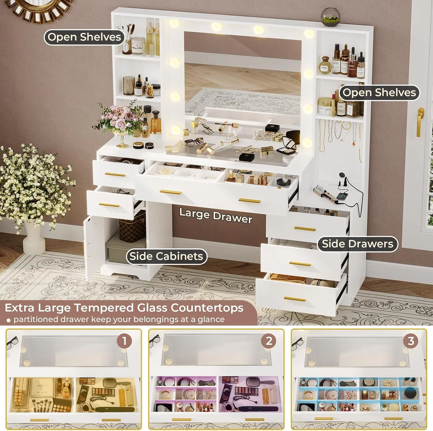 Makeup Vanity Desk with Lighted Mirror & Charging Stations & 6 Drawers Large Vanity Table Bedroom Dressing Table with Glass Tabletop&Side Cabinet&Glass Tabletop, Black