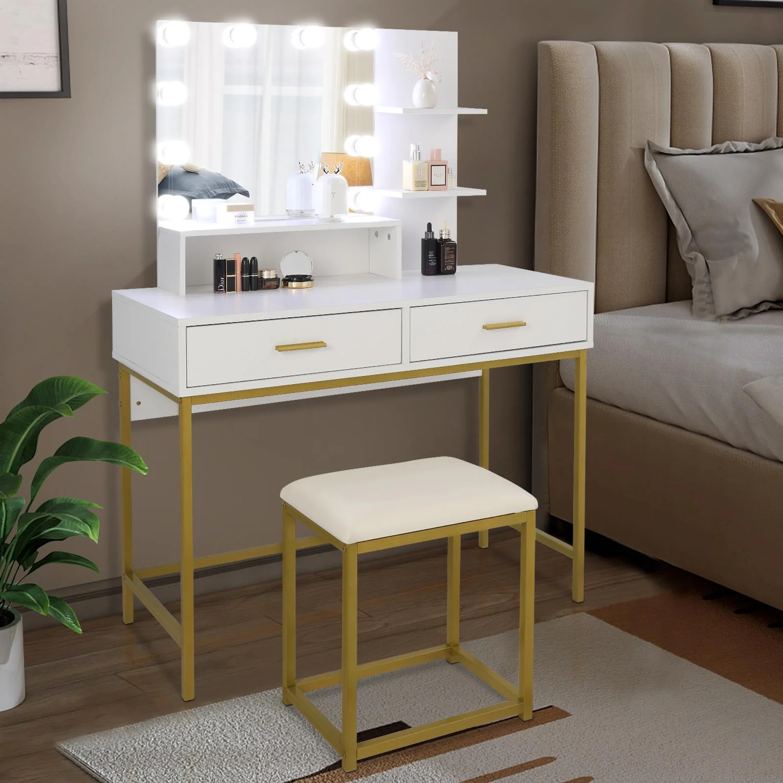 Ktaxon Lighted Makeup Vanity, White Vanity Table Set with 2 Drawer and Charging Station, Femal Gift