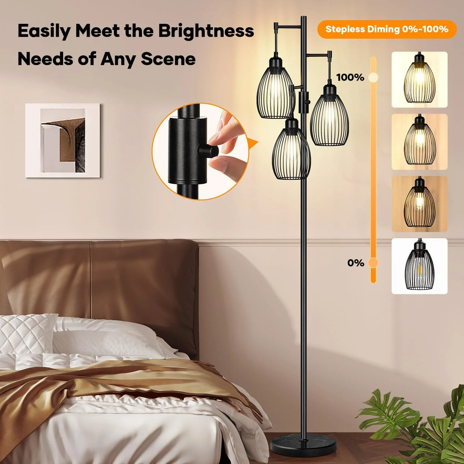 Dimmable Floor Lamp, 3 x 800LM LED Edison Bulbs Included, Farmhouse Industrial Floor Lamp Standing Tree Lamp with Elegant Teardrop Cage Tall Lamps for Living Room Bedroom Office Dining Room