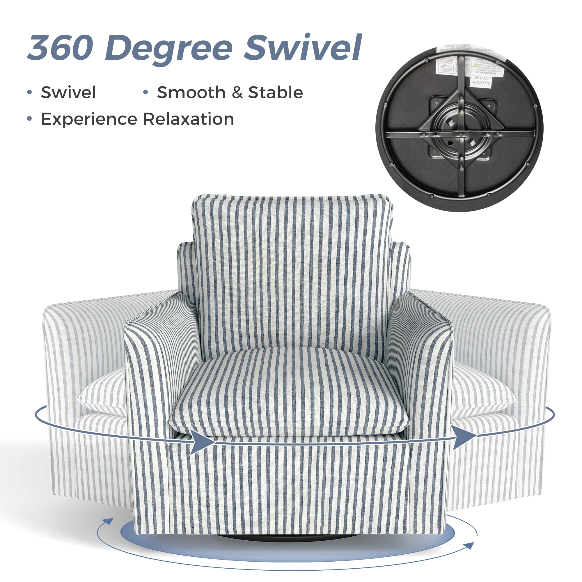 Bonzy Home 360�� Swivel Chair with Thick Cushion �C Blue Stripe Fabric Accent Chair for Living Room, Bedroom, Office �C Fully Assembled