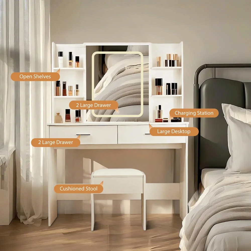 Kadyn Vanity Desk with Lighted Mirror, Vanity Table and Chair Set with 2 Drawers, Dressing Table Makeup Desk with 1 Door, Retro Gray