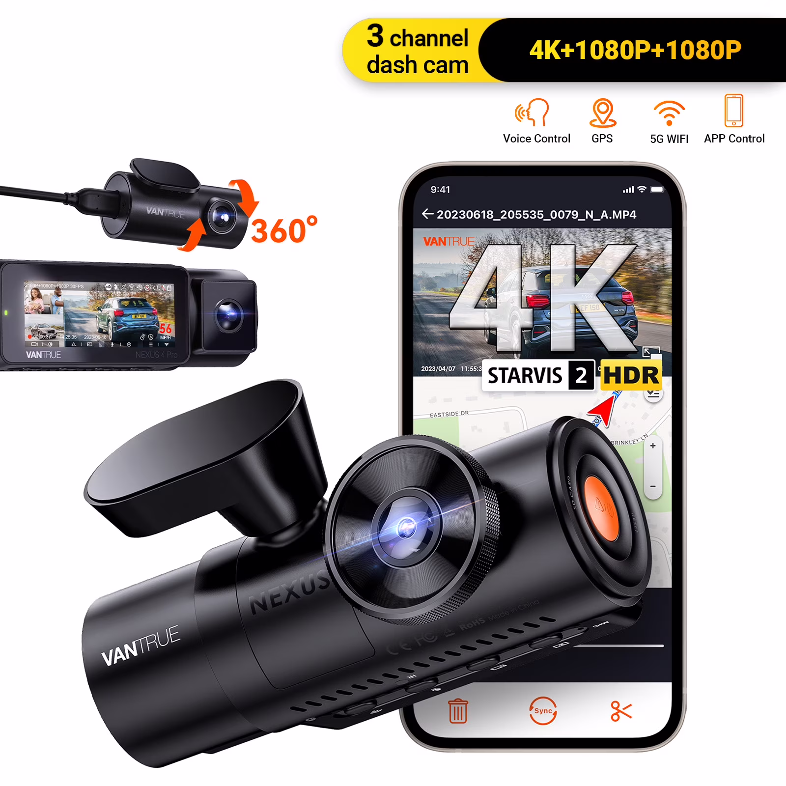 Vantrue Nexus 4  Pro 3 Channel 4K WiFi Dash Cam, STARVIS 2 IMX678 Night Vision, Voice Control, HDR, 24 Hours Parking Mode, Support 512GB Max