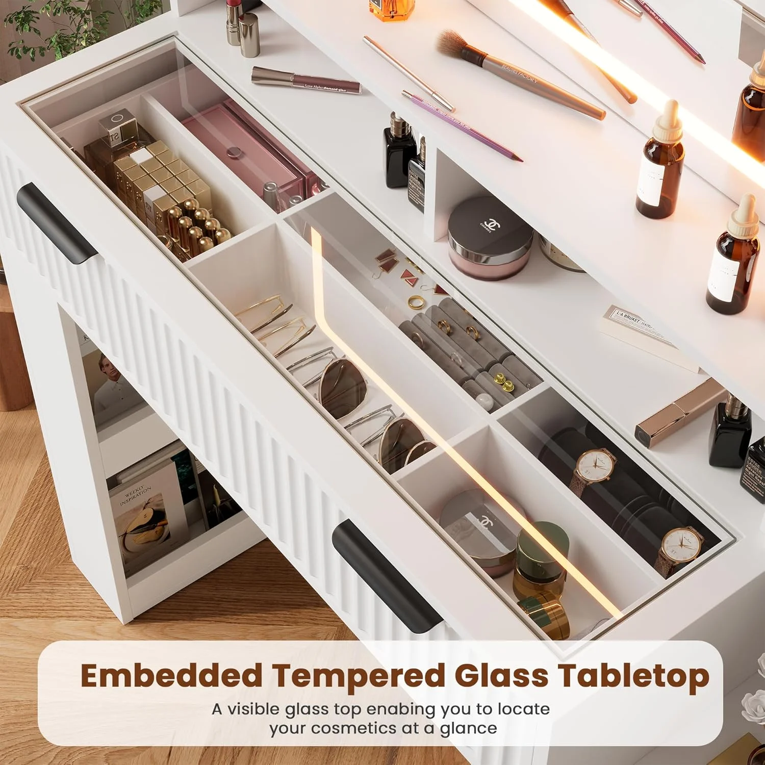 Vanity Table Set with Mirrors and Adjustable Lights ,Makeup vanity With Power Outlet for Bedroom Dressing Room,White