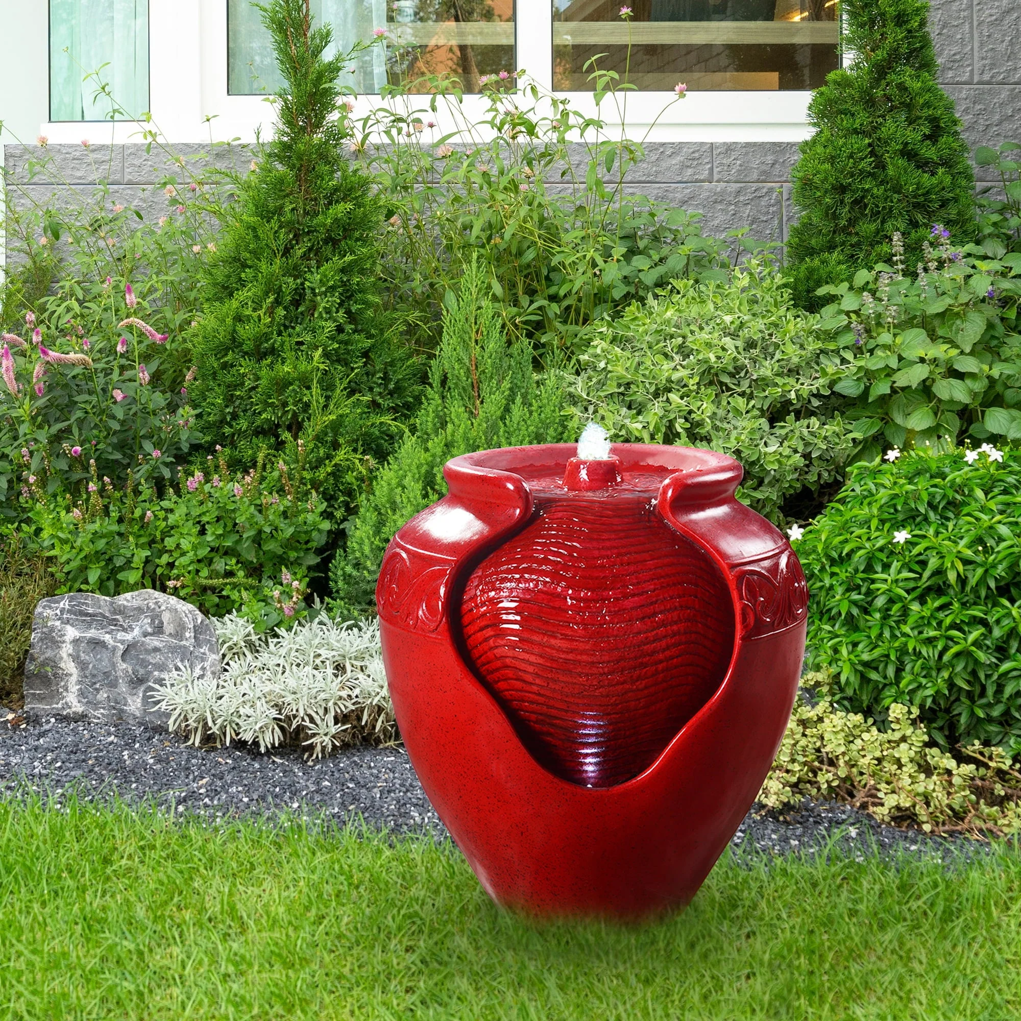 Teamson Home Outdoor Glazed Pot Floor Fountain with LED Lights, Red