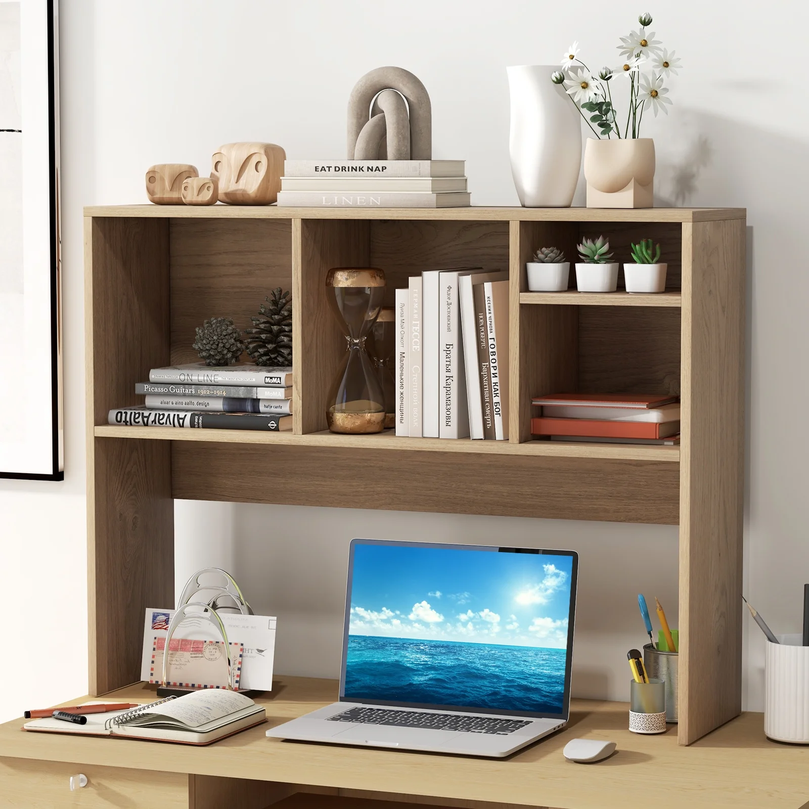 Giantex Desk Hutch, 2-Tier Desktop Organizer Shelf for Computer Desk, Wide Wooden Table Top Bookshelf, Countertop Storage Rack, White