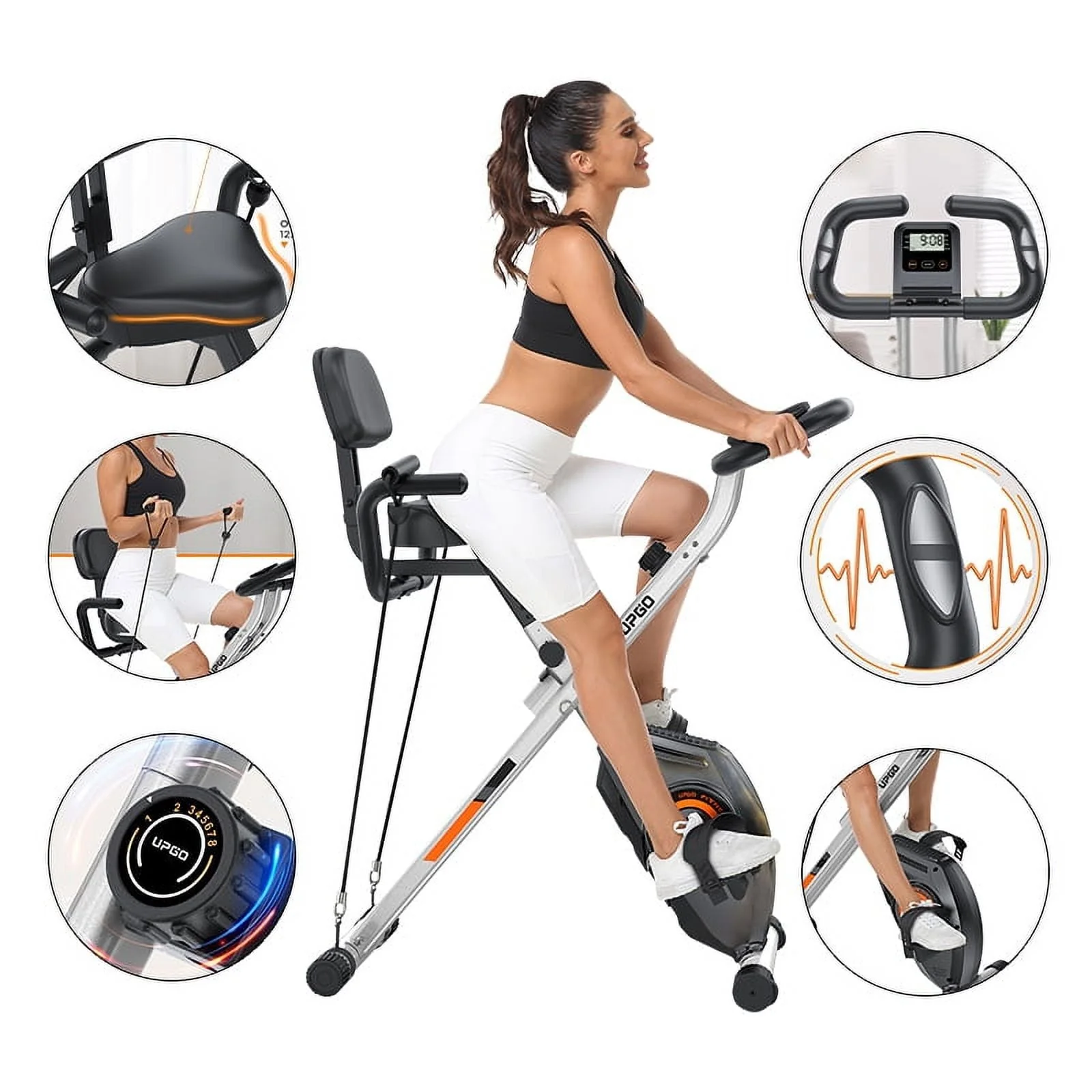 UPGO Folding Exercise Bike - 4 in 1 Upright Indoor Cycling Bike with 350lbs Capacity Foldable Stationary Bike  with Large Comfortable Seat Cushion and Arm Resistance Band, Pulse Sensor