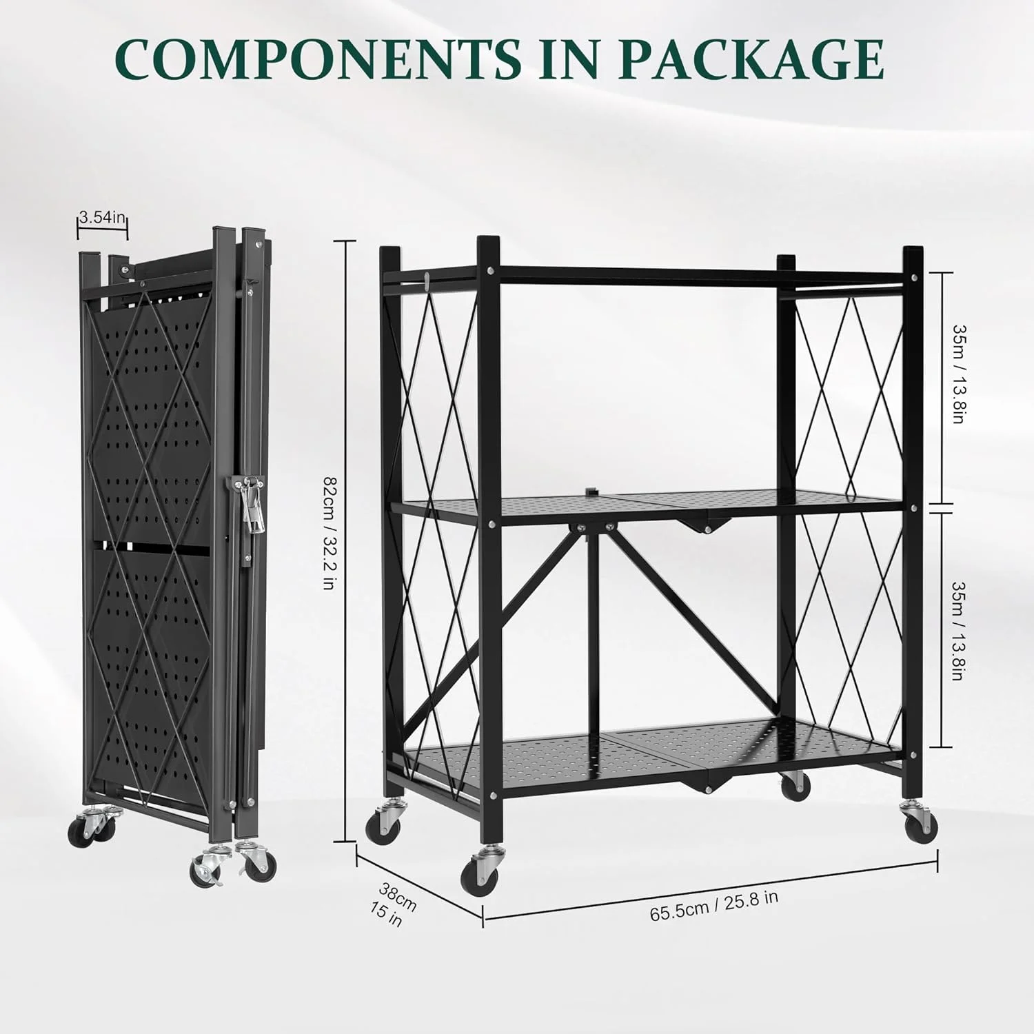 Foldable 4-Tier Storage Shelves with Wheels, No Assembly Bookshelf, Heavy Duty Kitchen Racks and Shelves, Rolling Microwave Cart, White