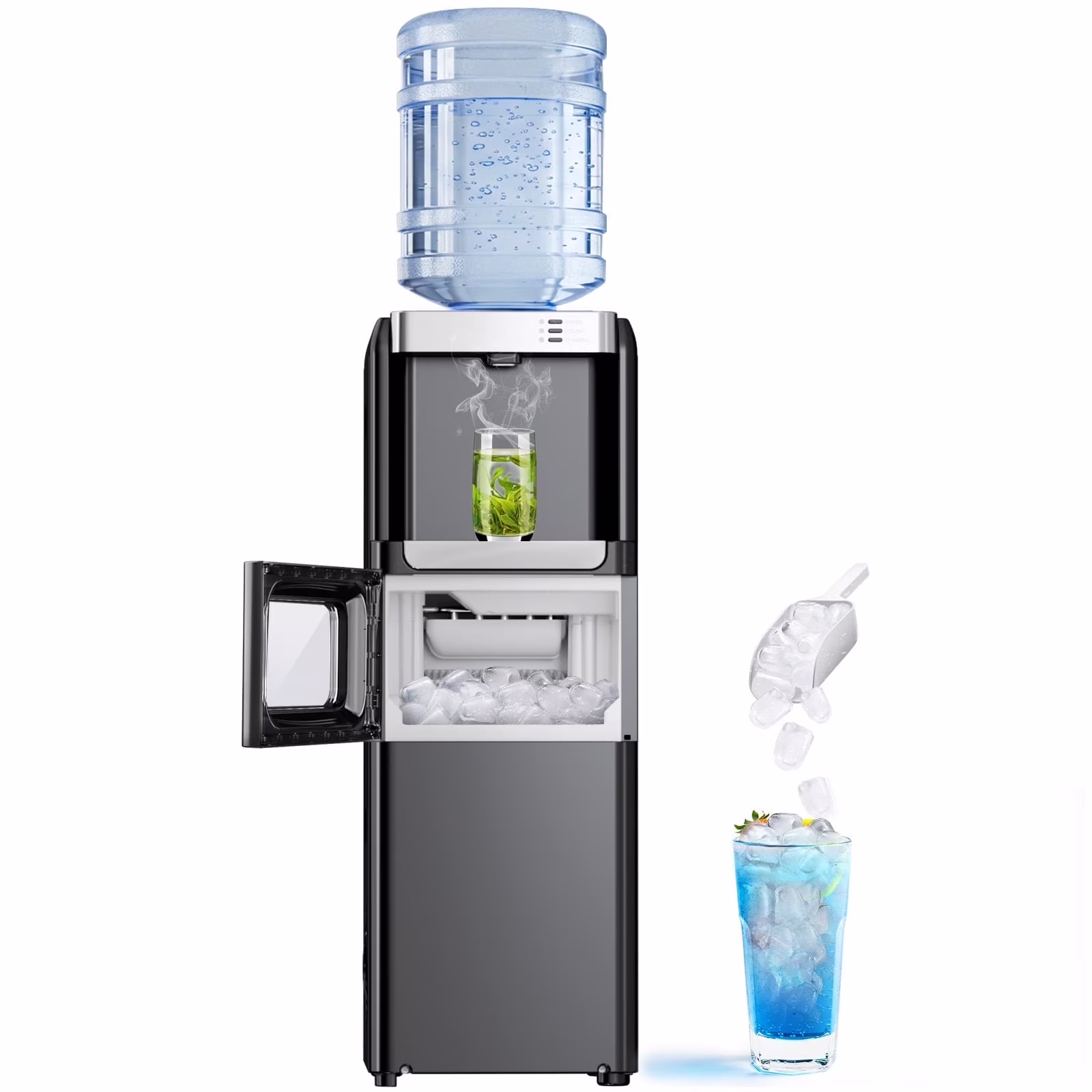 LHRIVER 2-5 Gallon Water Dispenser & 6-Min Ice Maker, 3-in-1 Hot/Cold/Ice, Child Lock & Energy-efficient, for Home/Office, Black