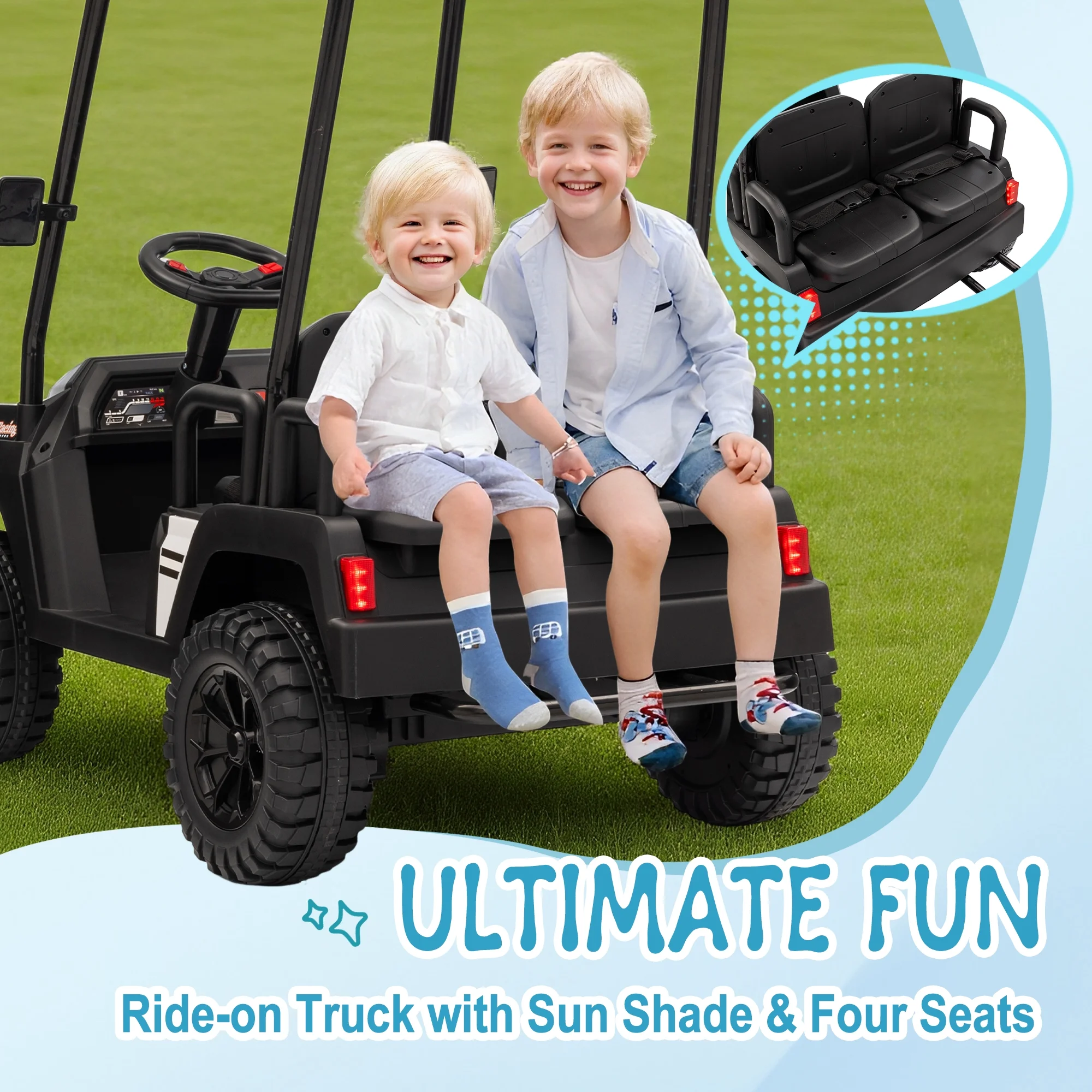 24V XL Kids Ride on Golf Cart, Electric Car w/Remote Control, Detachable Awning, 4 Seats, 3 Speeds, LED Lights, Spring Suspension, Bluetooth, Audio, Blue