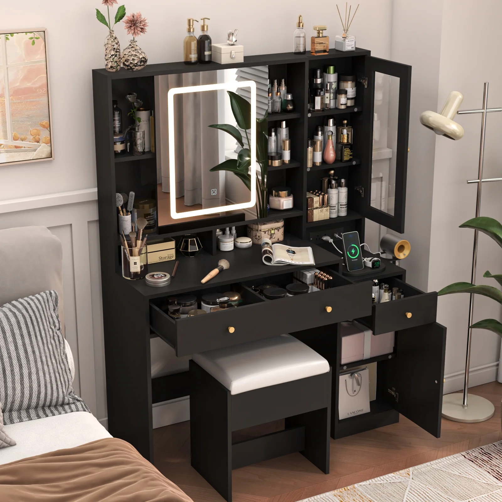 White Vanity Desk with Sliding Mirror & Lights, Vanity Table Makeup Desk with Charging Station 2 Drawers 2 Doors, Lots of Storage Shelves, Large Vanity Set with Cushioned Stool