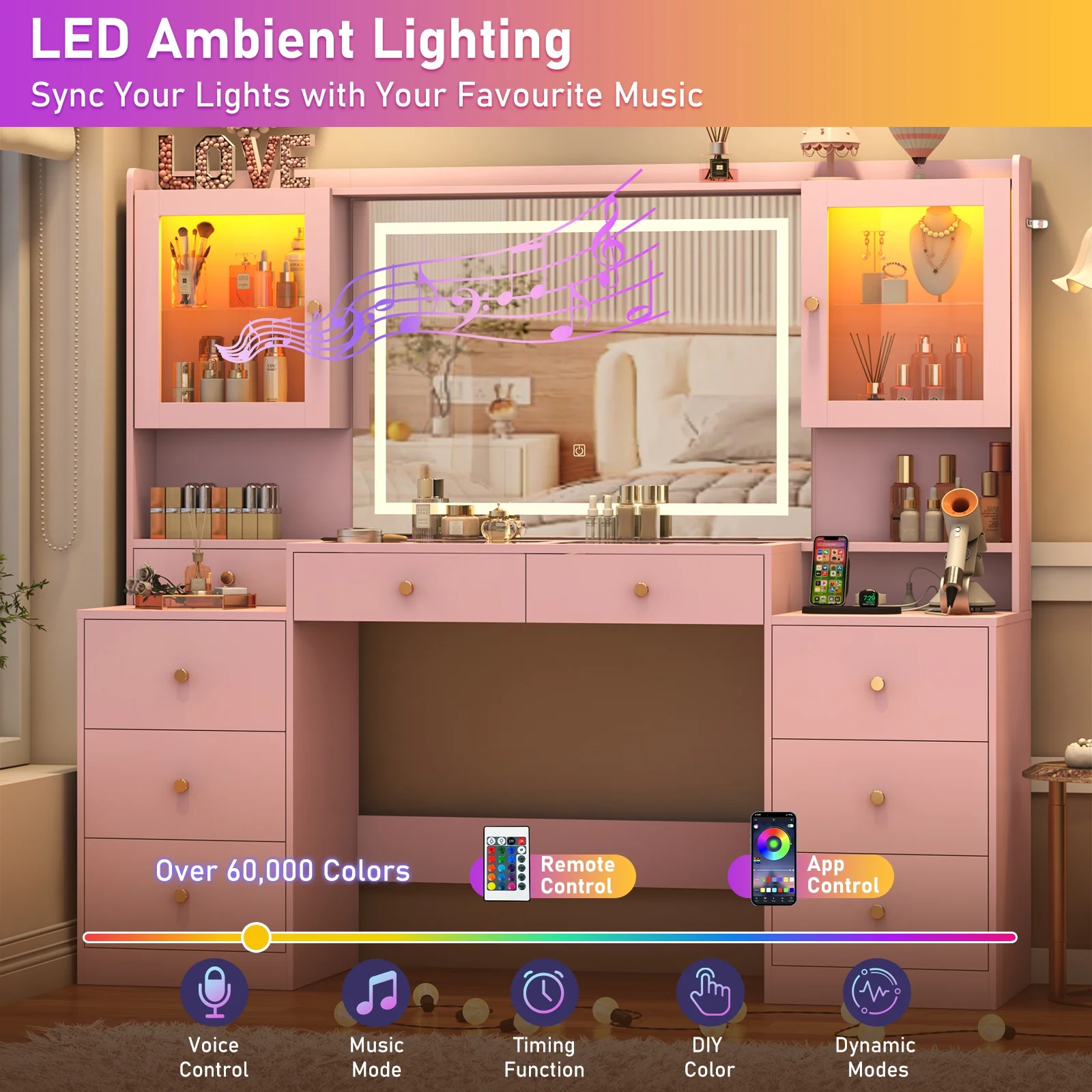 ChVans 62'' Large Vanity Desk with Tempered Glass Top, 60000-color LED Lights, Charging Station, White Makeup Vanity with 3 Lights Mode LED Mirror, 9 Drawers, 2 RGB cabinets for Women, Girls Gift