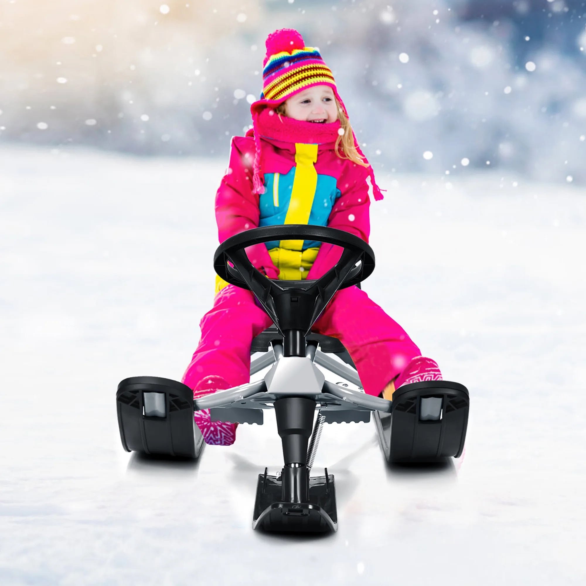 Costway Kids Snow Racer Sled w/ Steering Wheel & Double Brakes Pull Rope Snow Slider