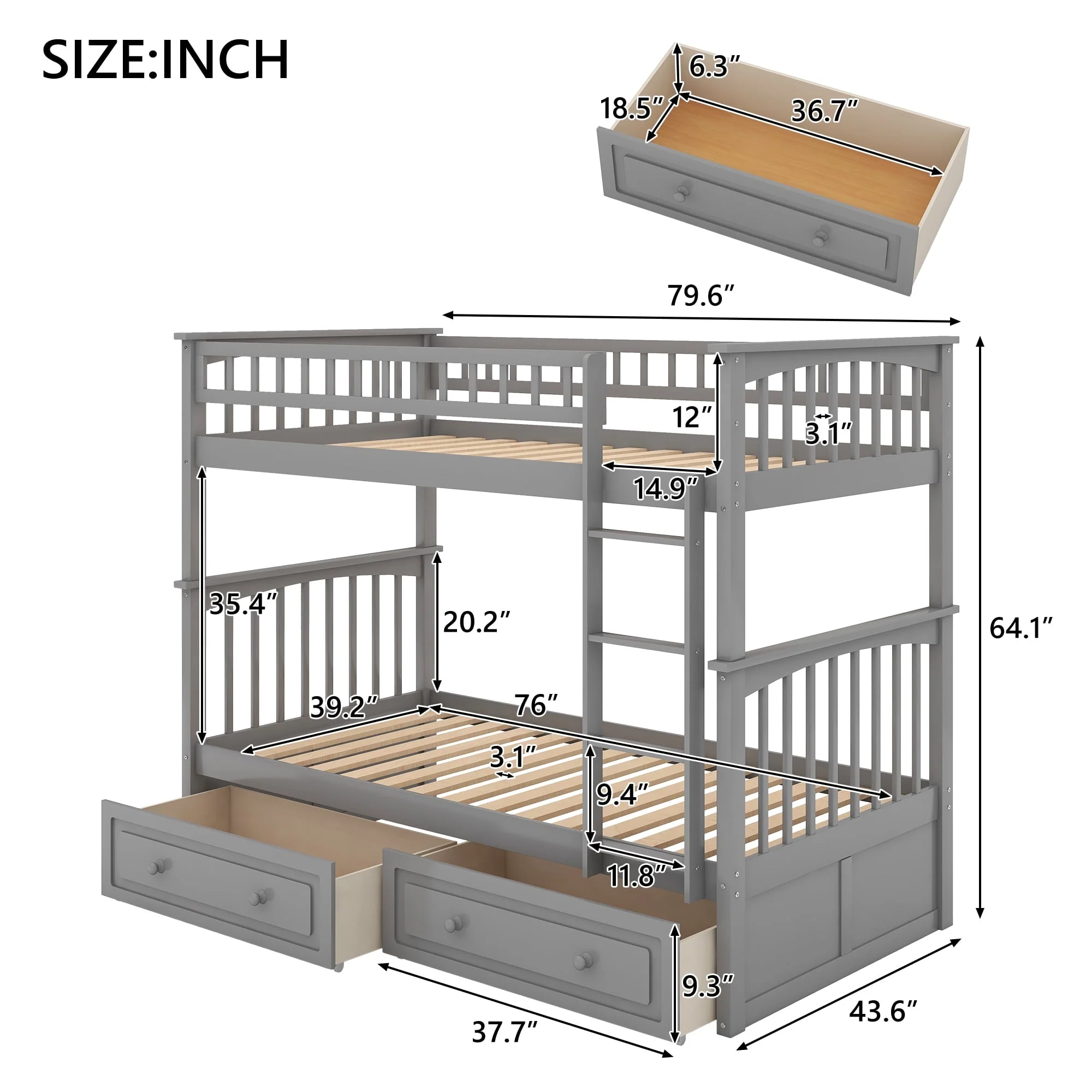 Euroco Pine Wood Bunk Bed with Storage 2 Drawers, Twin-over-Twin Bunk Bed with Safety Rail and Ladder for Kids, Conveted into 2 Single Beds, Sapce-Saving Design, Gray