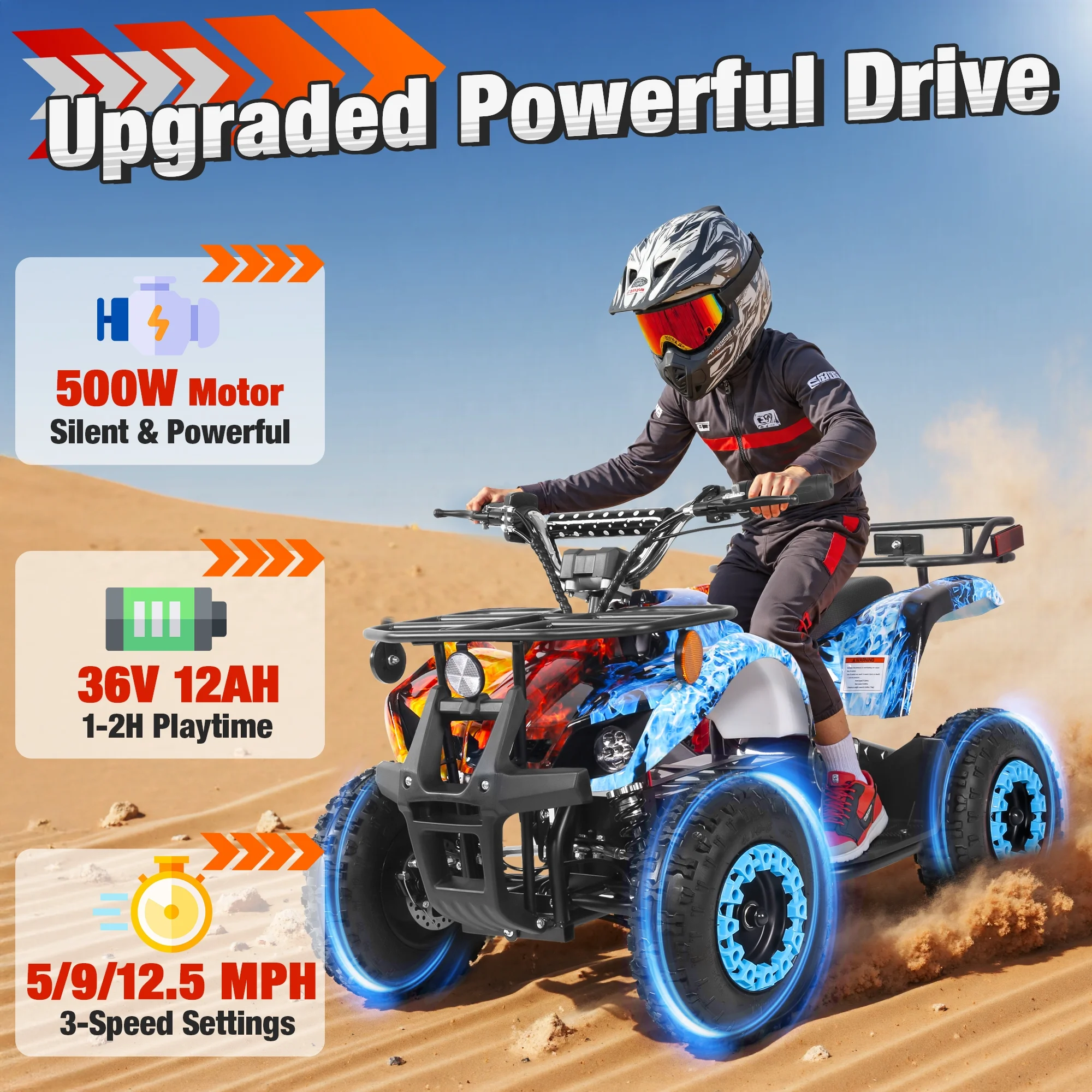 ATV for Kids, 36 Volt Ride on Toys, 500w Motor Quad Bike for Big Kids, Power Car Wheel with Metal Frame, Speed Control, Suspension, Black