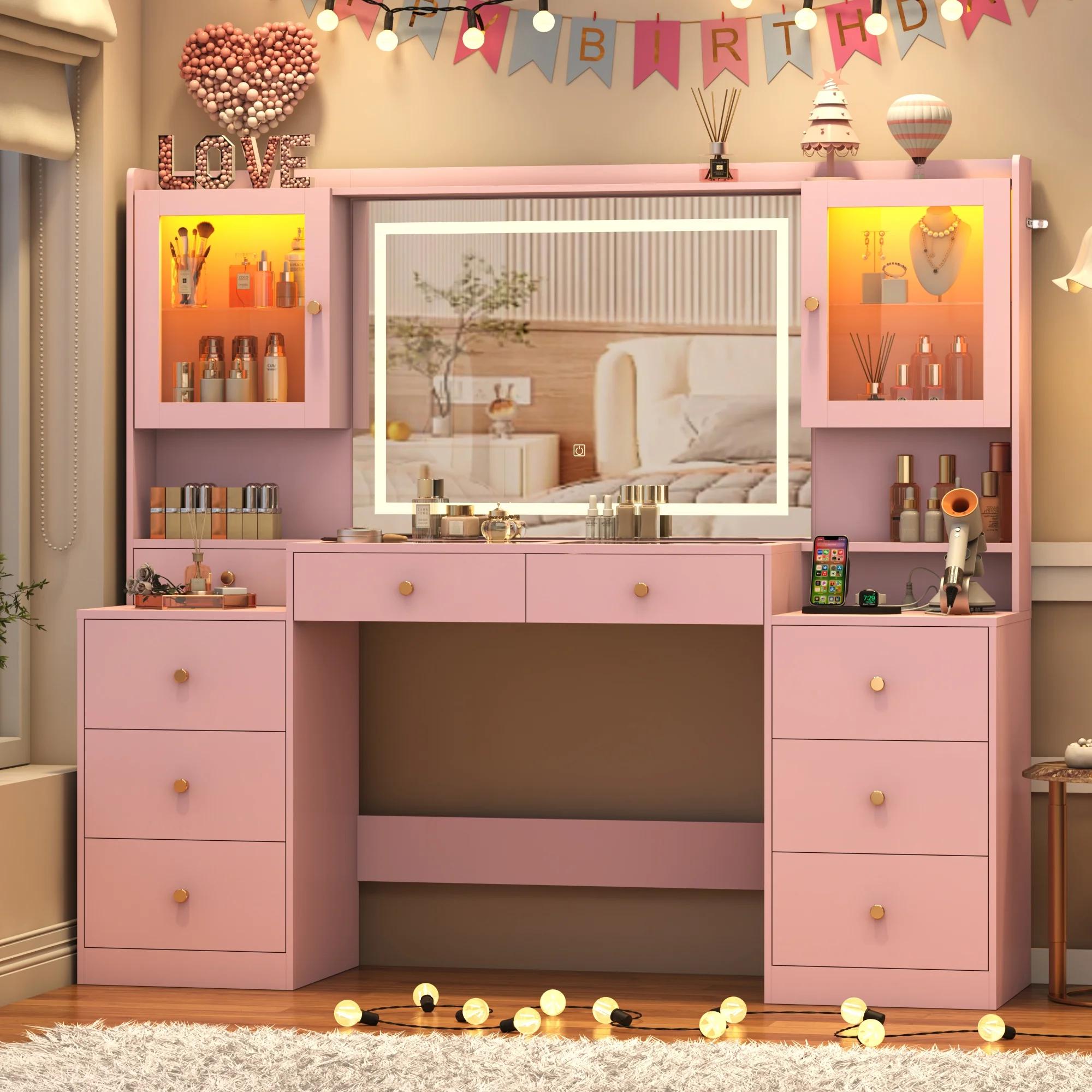 ChVans 62'' Large Vanity Desk with Tempered Glass Top, 60000-color LED Lights, Charging Station, White Makeup Vanity with 3 Lights Mode LED Mirror, 9 Drawers, 2 RGB cabinets for Women, Girls Gift