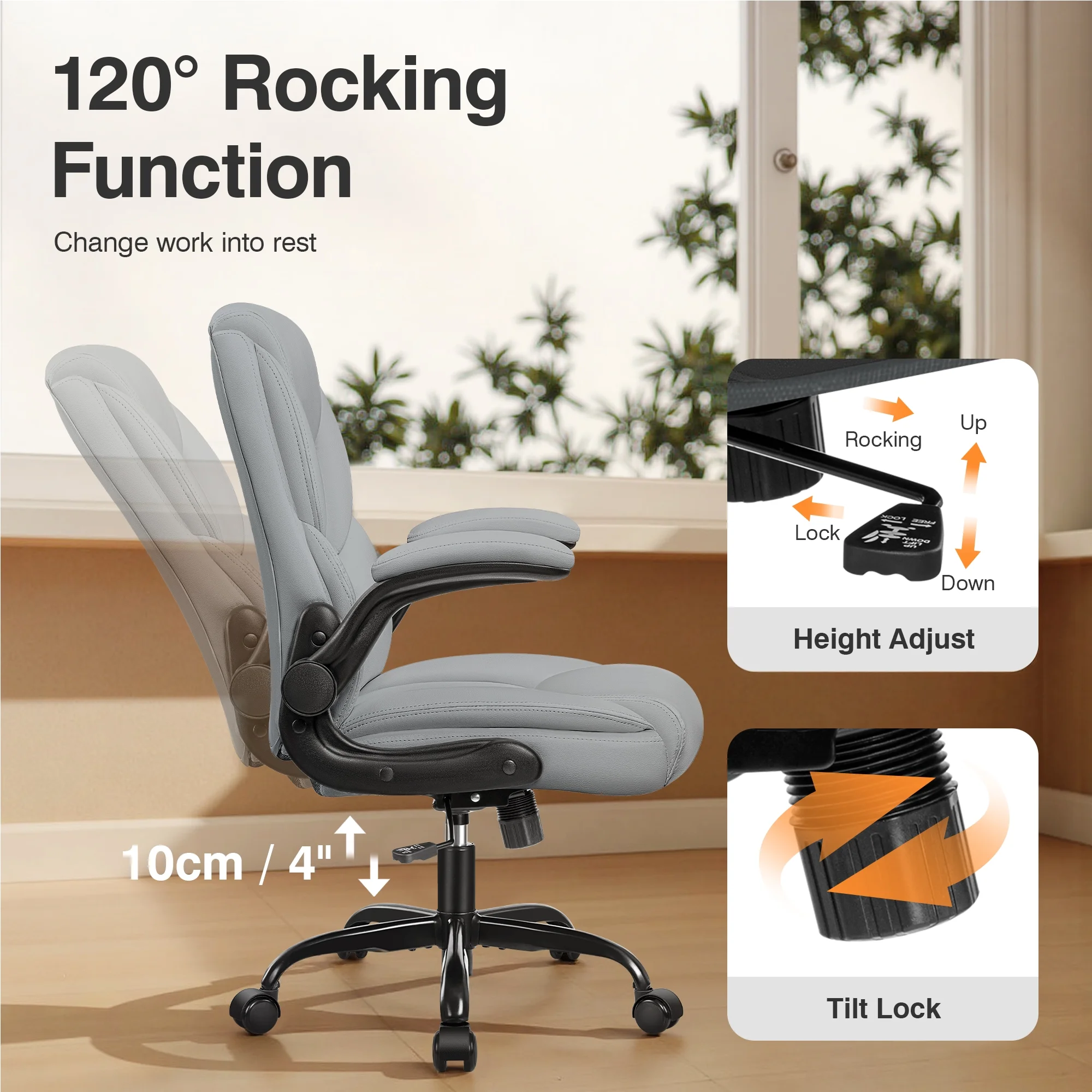 Primy Compact PU Leather Office Chair - Ergonomic Adjustable Height Computer Desk Chair with Flip-Up Armrests, Mid-Back Executive Swivel Chair on Wheels for Small Spaces & Petite Users, Black