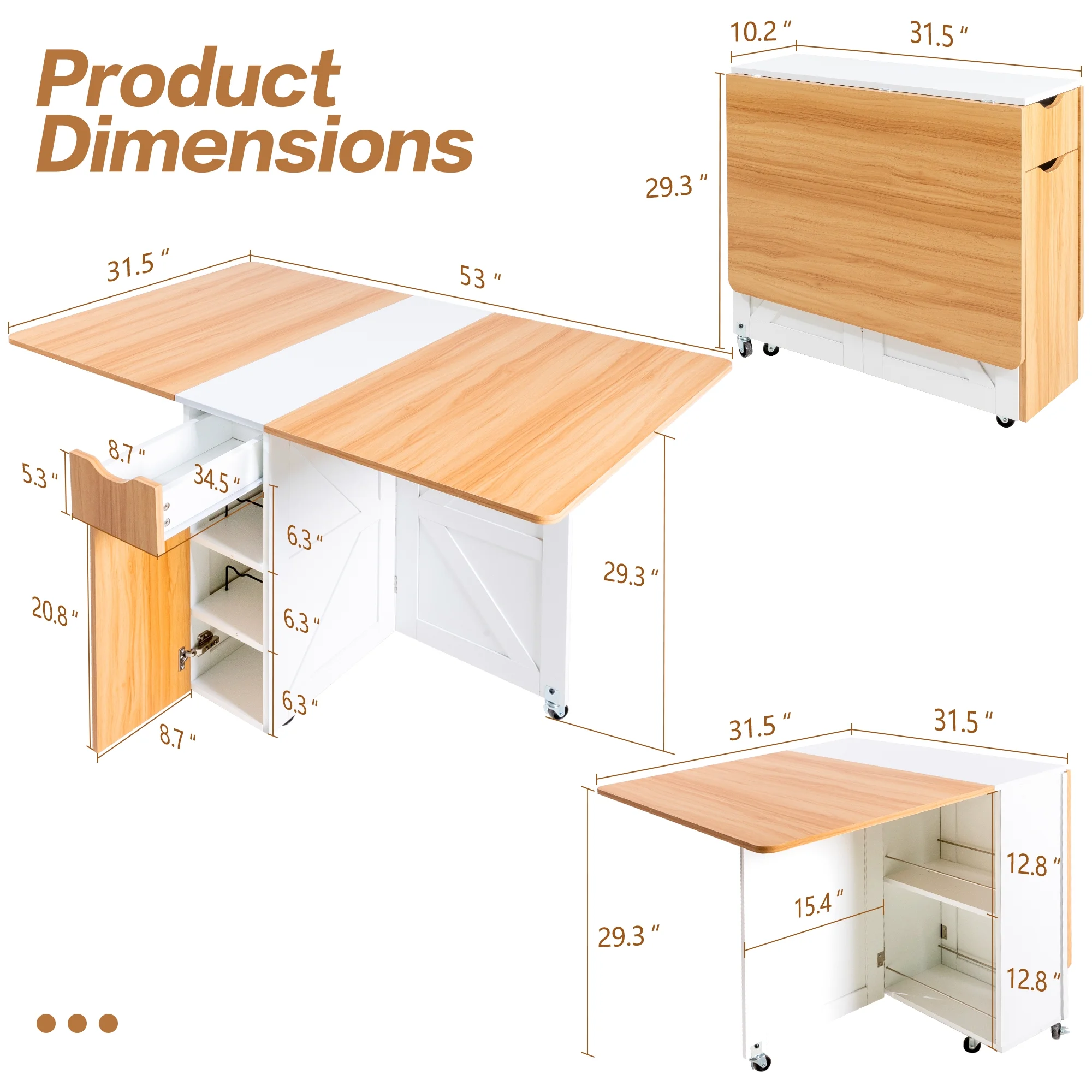 spanspace Folding Dining Table, Drop Leaf Dining Table with 6 Wheels and 2-Layer Storage Shelf, Space Saving Dining Table for Small Spaces,Folding Kitchen Table,White