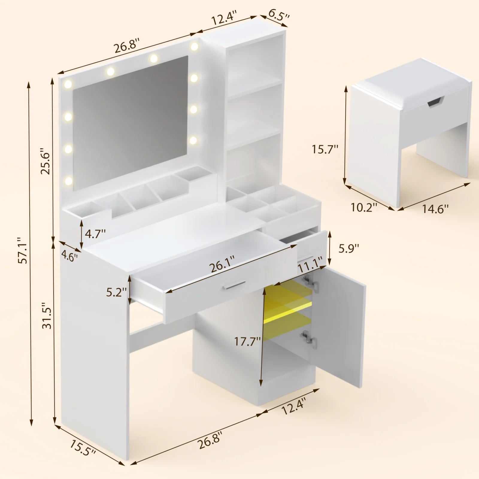 Vanity Table Set with Mirrors and Adjustable Lights ,Makeup vanity With Power Outlet for Bedroom Dressing Room,White