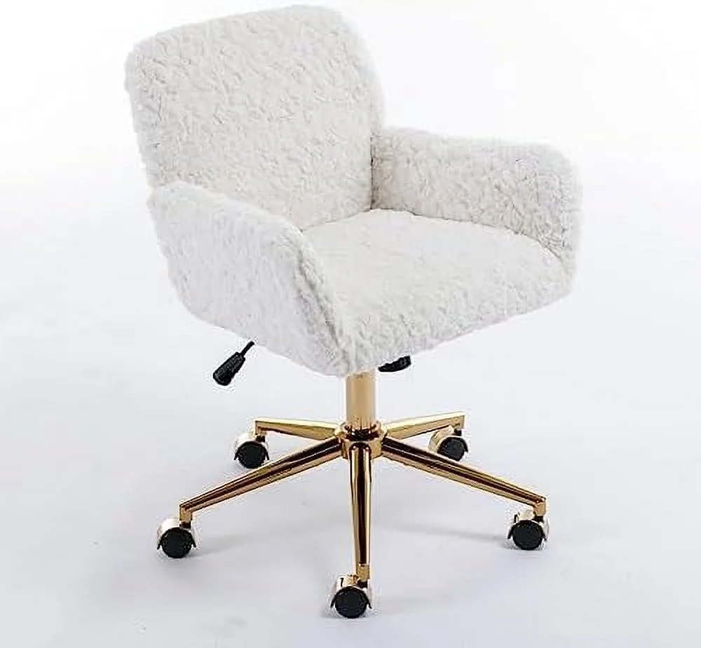 Fluffy Desk Chair,Height Adjustable Vanity Chair with Wheels,Comfortable Faux Fur Desk Chair with goldenn Base, Arm Chair for Bedroom,Living Room,Vanity,Office