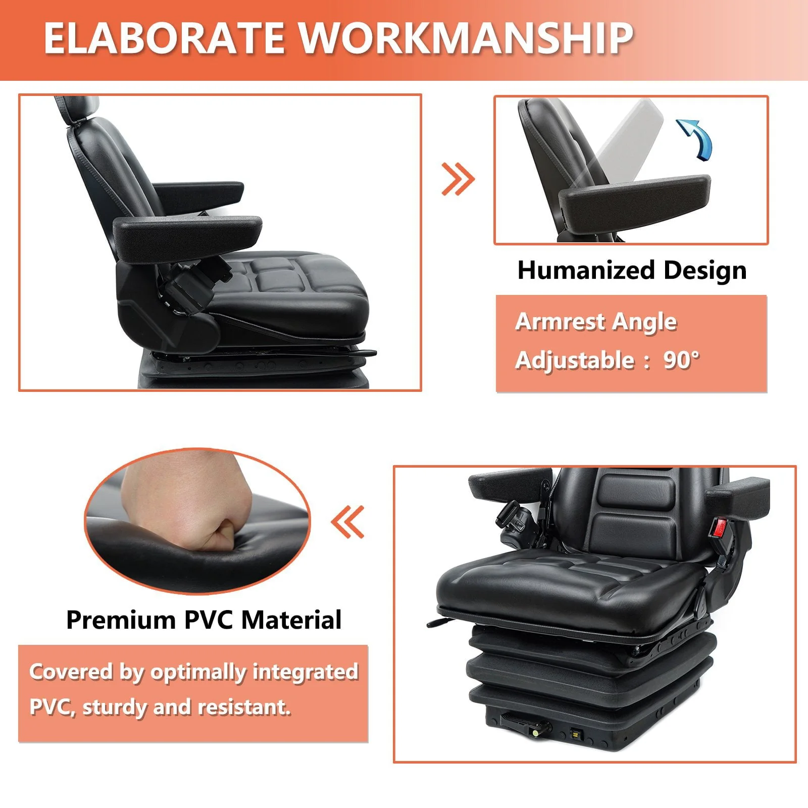 TICSEA Universal Mechanical Suspension Foldable Seat with Adjustment Headrest Armrest, Retractable Seat Belt for Heavy Duty Tractor Forklift Excavator Skid Steer