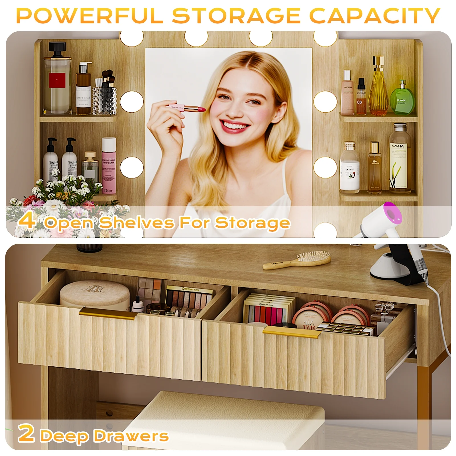 Ktaxon Lighted Makeup Vanity, White Vanity Table Set with 2 Drawer and Charging Station, Femal Gift