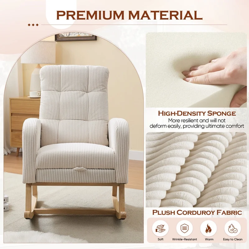 FFH Rocking Chair Nursery, Tufted Accent Rocker Chair, Upholstered Armchair with Adjustable Footrest, Side Pocket, High Backrest, Padded Seat, Polyester Blend (Retro, Dark Gray)