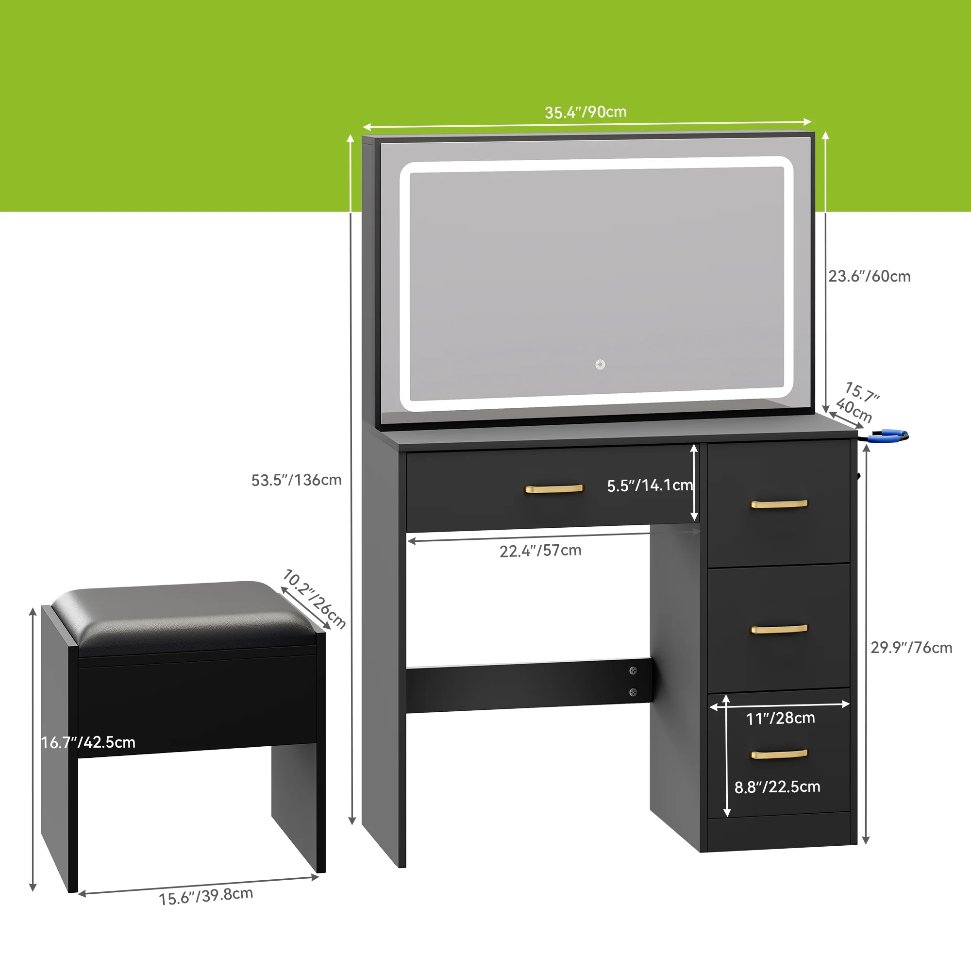 Dextrus Makeup Vanity Desk with Large Lighted Mirror and Storage - Enhance Your Beauty, Routine 4 Drawer Vanity Table with Cushioned Stool, Milky-White