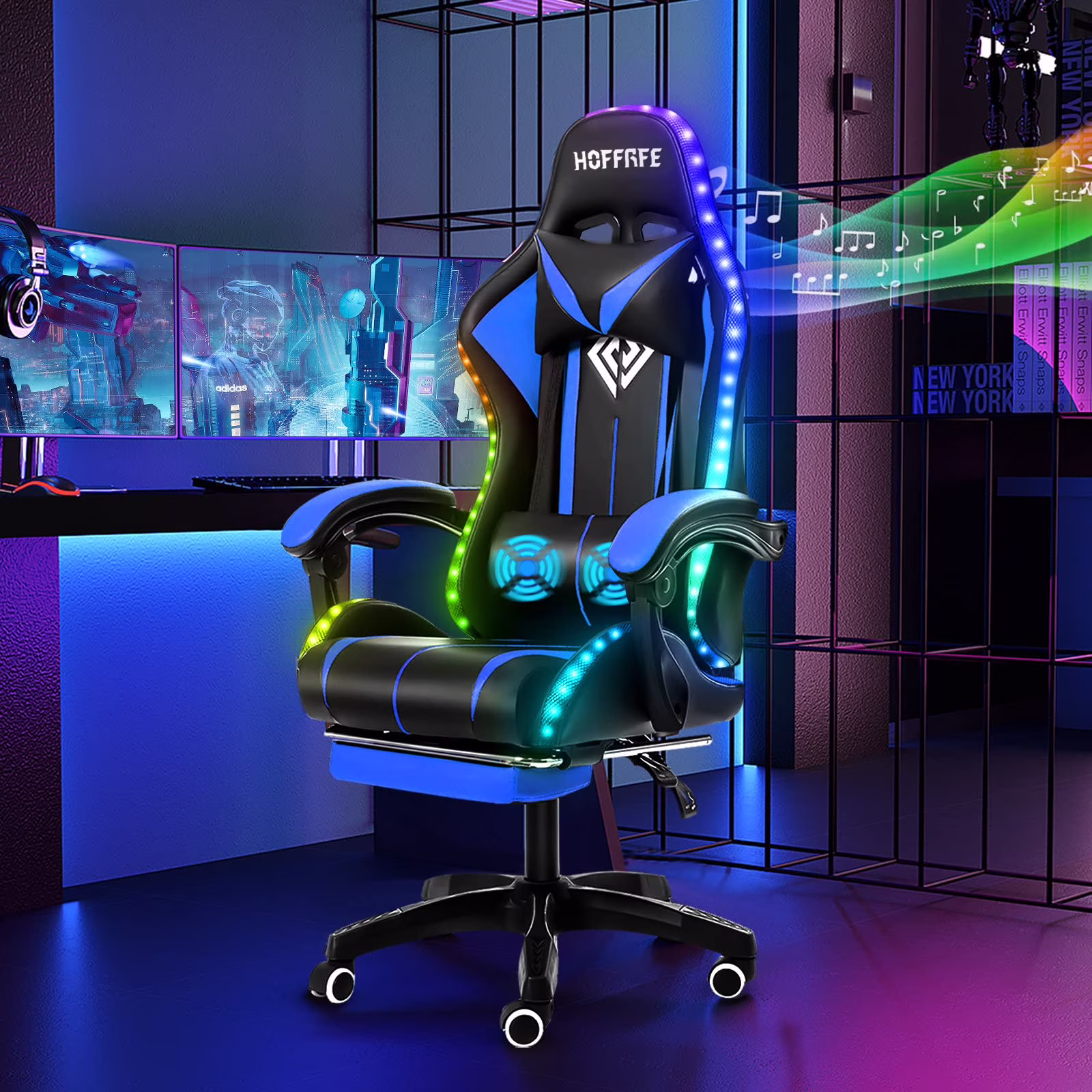 RGB Gaming Chair with Speakers Massage Computer Gaming Chair with LED Lights and Footrest High Back Video Game Chair for Adults Blue and Black