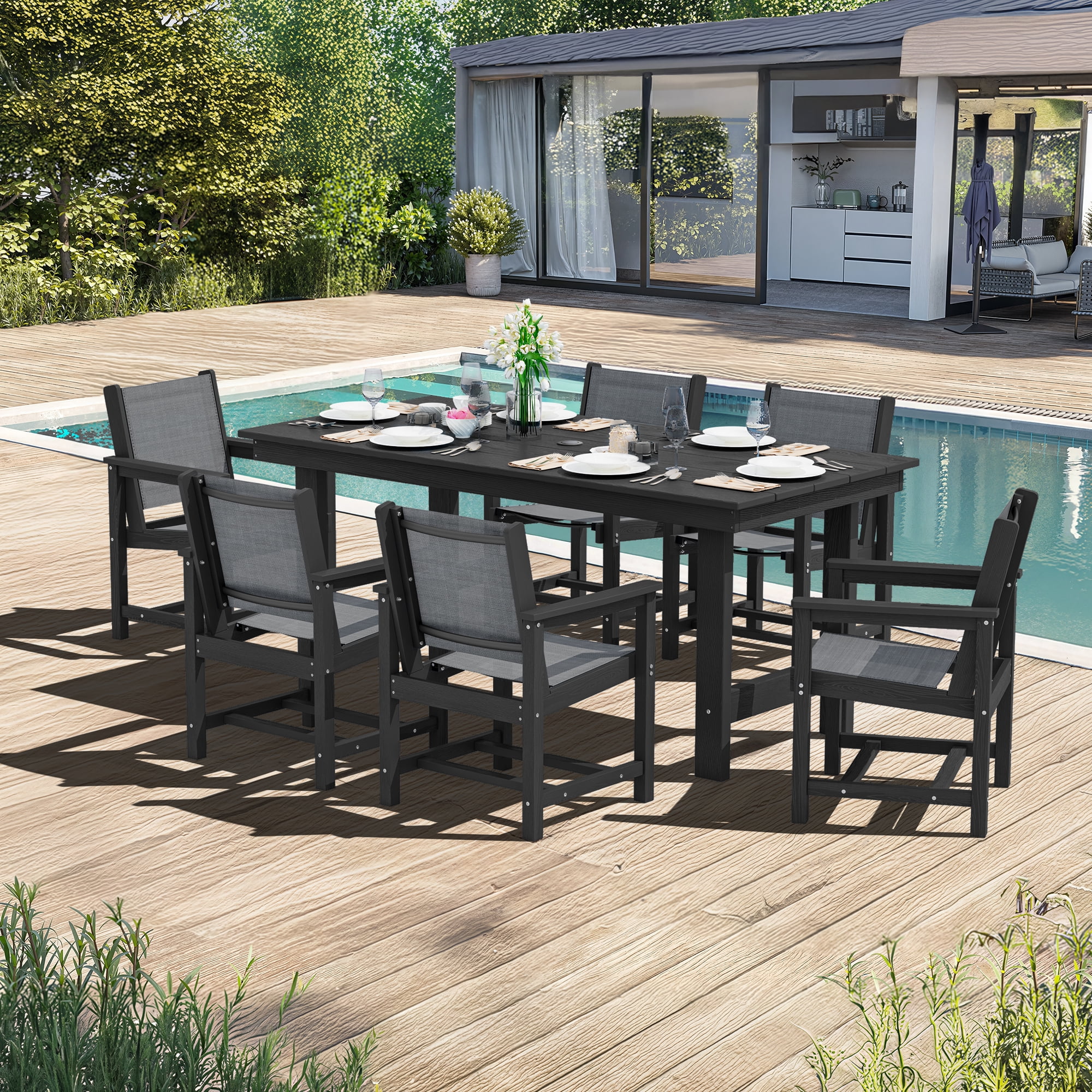 SERWALL Outdoor HDPE Dining Table Set, 7-Piece Outdoor Dining Table Sets with Umbrella Hole, Grey