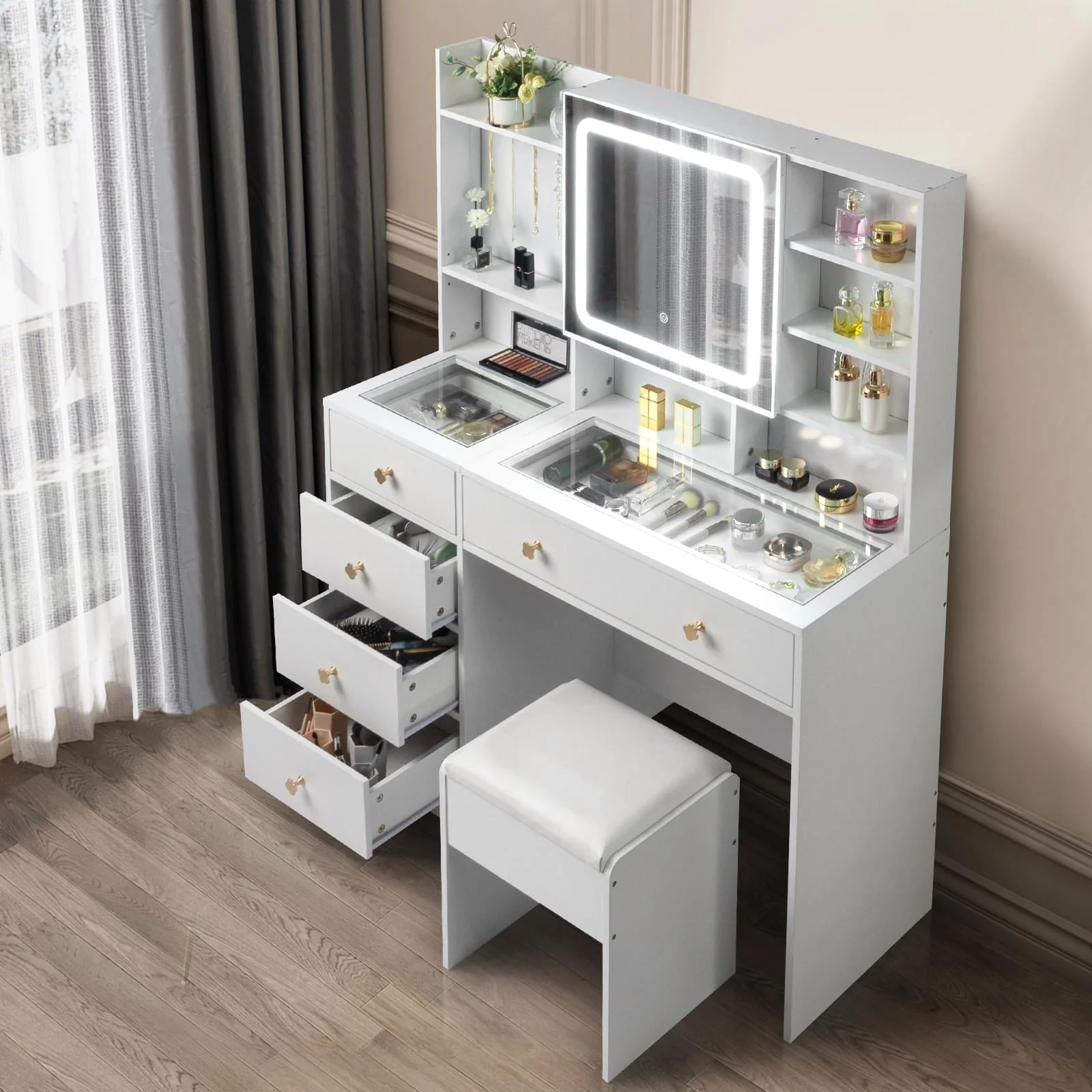 Ktaxon Makeup Vanity with 3 Color Lights, Vanity Desk with USB Charging Station, Vanity Makeup Table with Visible Drawers, Hidden and Open Storage Shelves, White