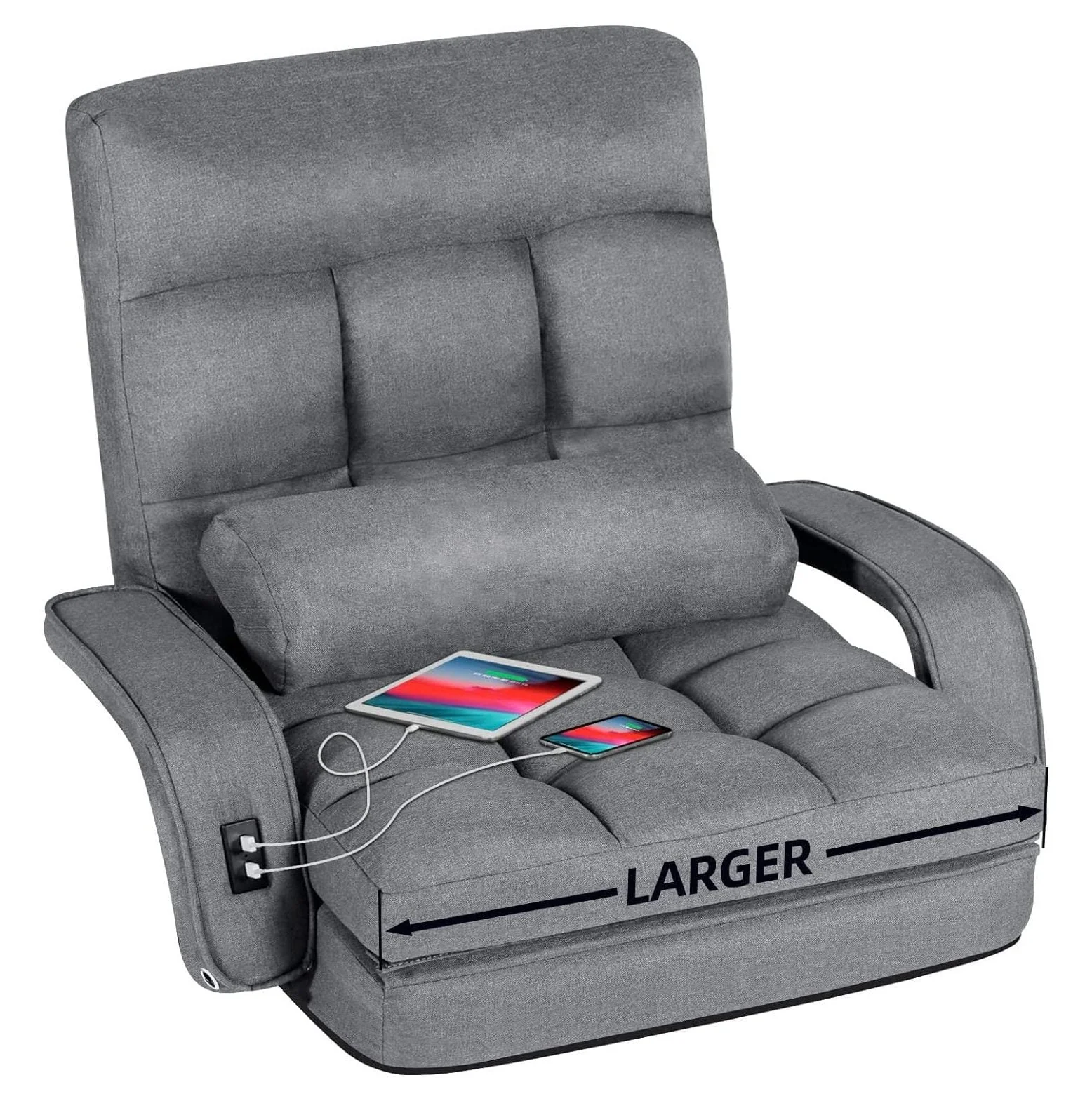 QUIRhait Comfy Floor Chair Bedroom 2 USB Charging Ports, 5-Position Floor Couch Gaming Chairs Adults, Lounge Chair Indoor Folding Floor Lazy Sofa Meditation Arm Dorm Chair Living Room (Grey)