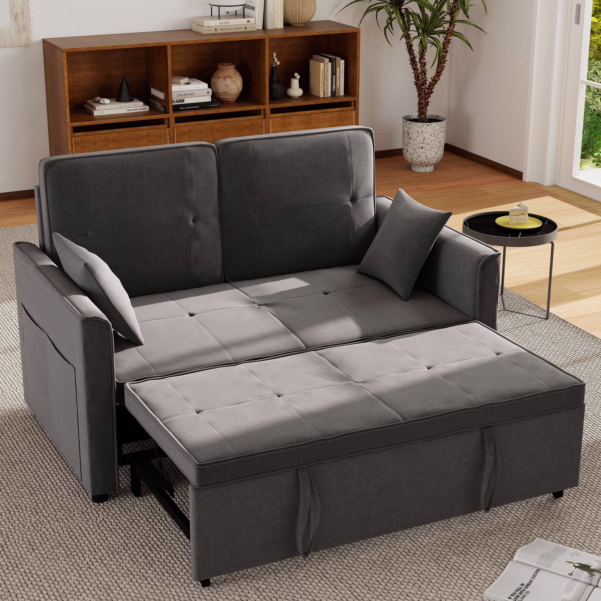 Convertible Sofa Bed,3-in-1 Sleeper Sofa with Pull Out Bed,Sleeper Futon Couch Loveseat with Adjsutable Backrest and Pillows for Living Room,Gray