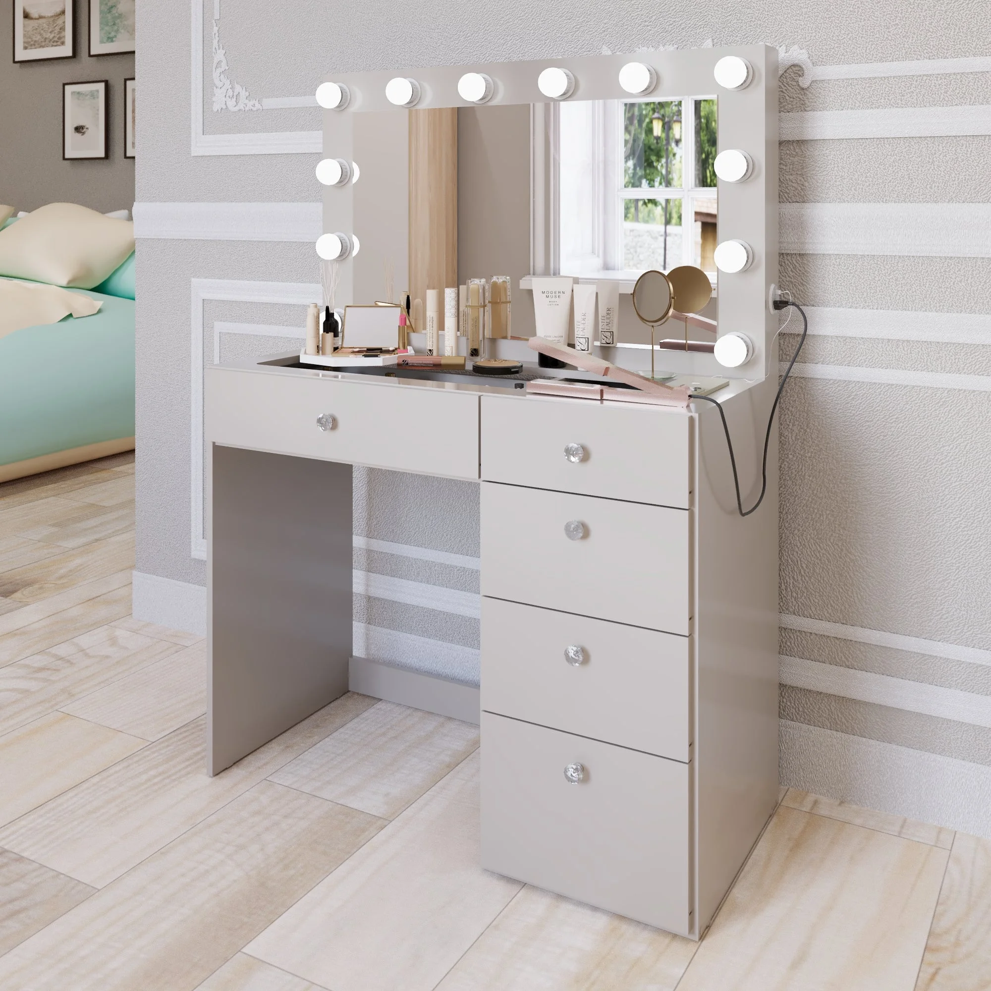 Ember Interiors Ghada Modern Brown Makeup Vanity Desk with Built-in Lights and USB Port for Bedroom