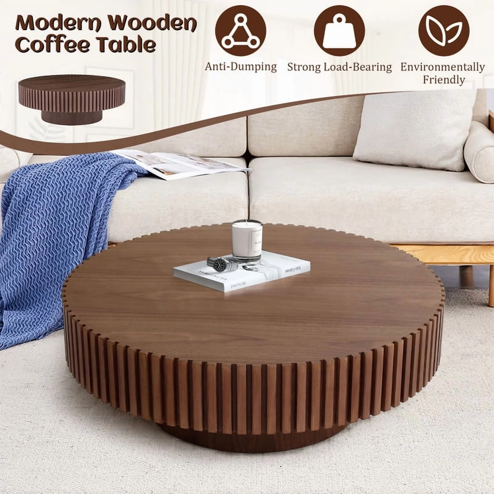 FFH 43.7 inch Oval Coffee Table for Living Room,Handcraft Rustic Corner Coffee Table Nature Wood Relief Sturdy Pedestal for Apartmen,Side Table Centre Table,Nature Wood