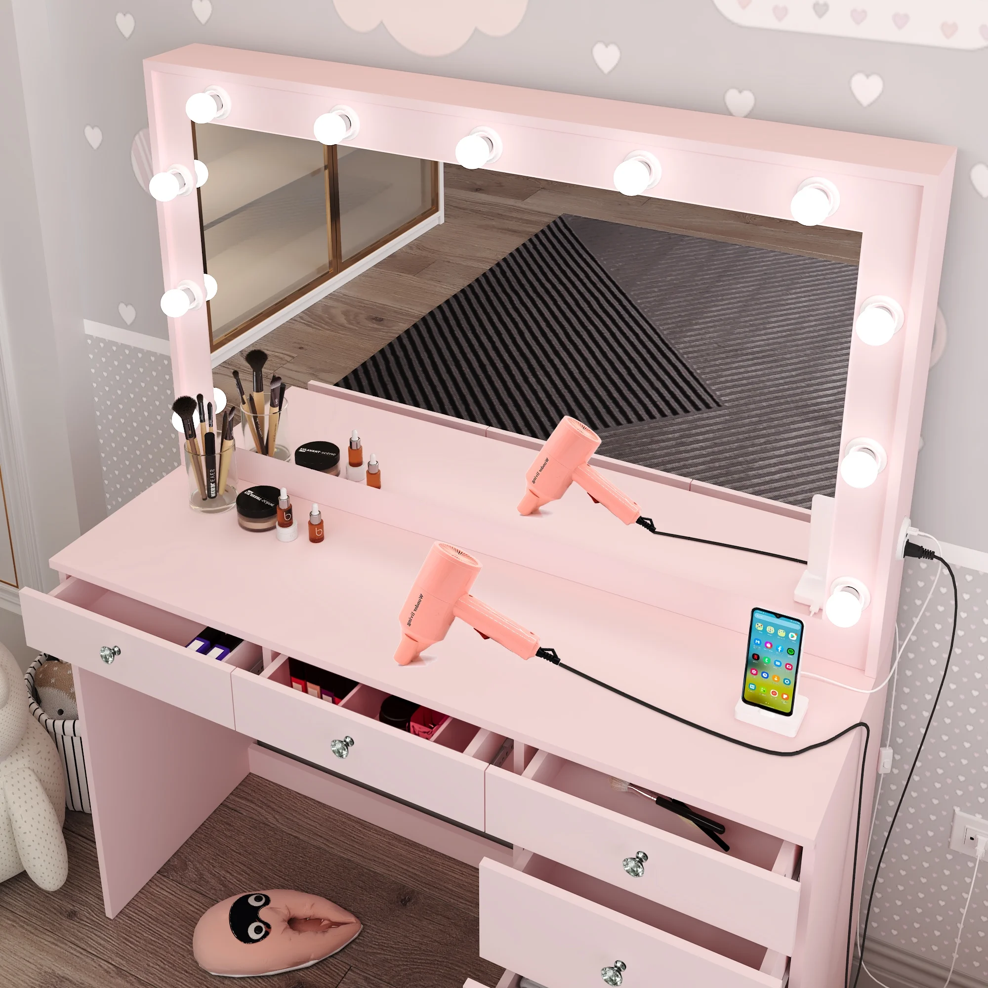 Boahaus GRWM Diana White Makeup Vanity with 7 Drawers, Mirror, Lights & Charging Station