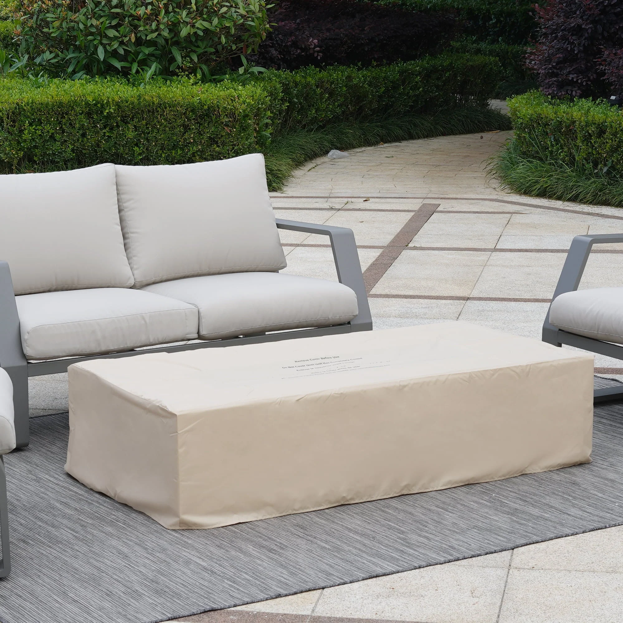 ESSENTIAL LOUNGER 56 inch Concrete Propane Fire Pit Table, 50,000 BTU Outdoor Firepit Rectangular Table for Garden＆Patio, with Propane Tank Metal Stand, Fire Glass Beads and Waterproof Cover, White