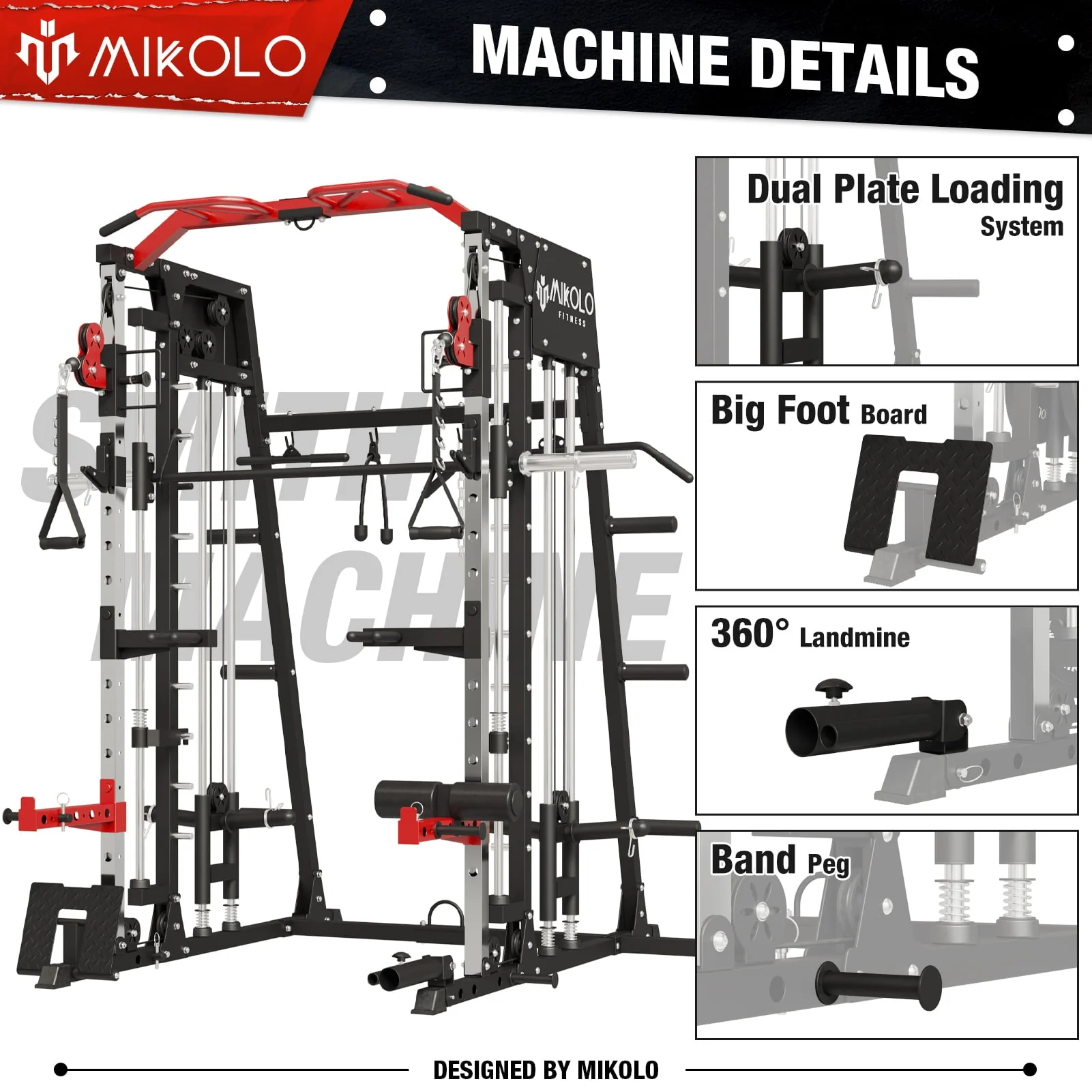 Mikolo Smith Machine Home Gym, 2200 lbs Power Rack Cage with Cable Crossover, Weight Bar, 360° Landmine, Barbell Holders and Other Attachments, Total Body Strength Training Cage