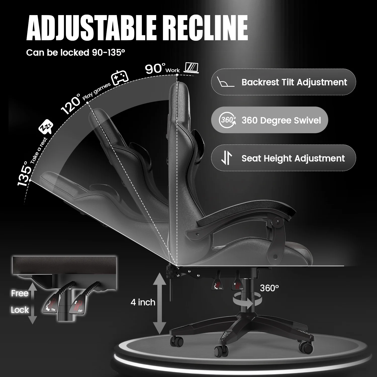 Bigzzia Gaming Chair Office Chair, Ergonomic Game Chair with Height Adjustable Headrest and Lumbar Support for Adults Teens, Black & White