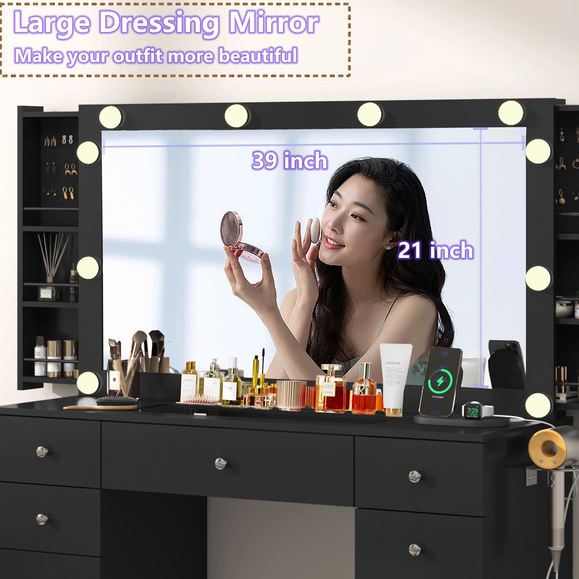 White Vanity Desk with Large Lighted Mirror & Power Outlet, Makeup Vanity Table with Glass Top & Drawers, Sliding Storage, 44.1