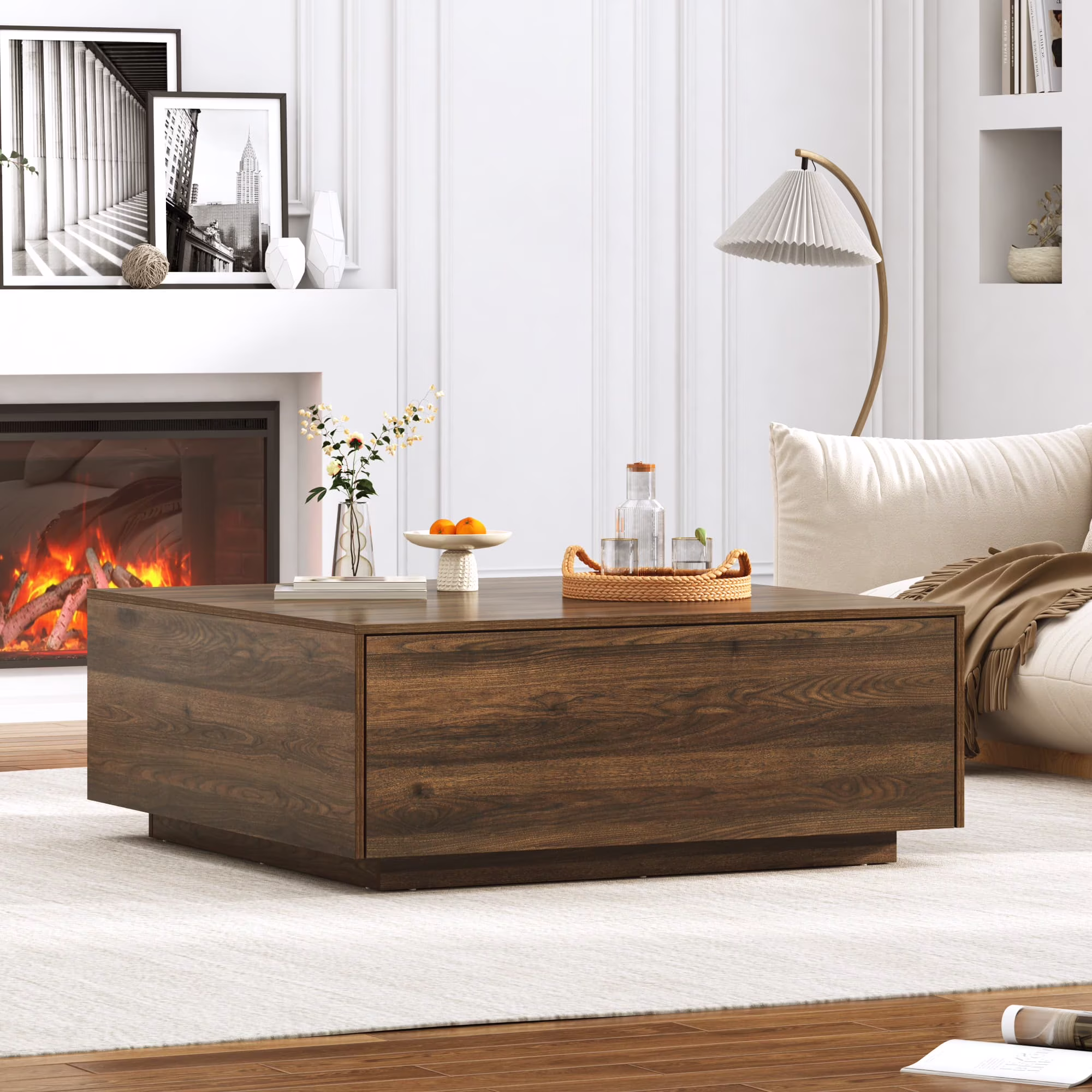 Blotout Square Coffee Table with 2 Large Drawers, 43