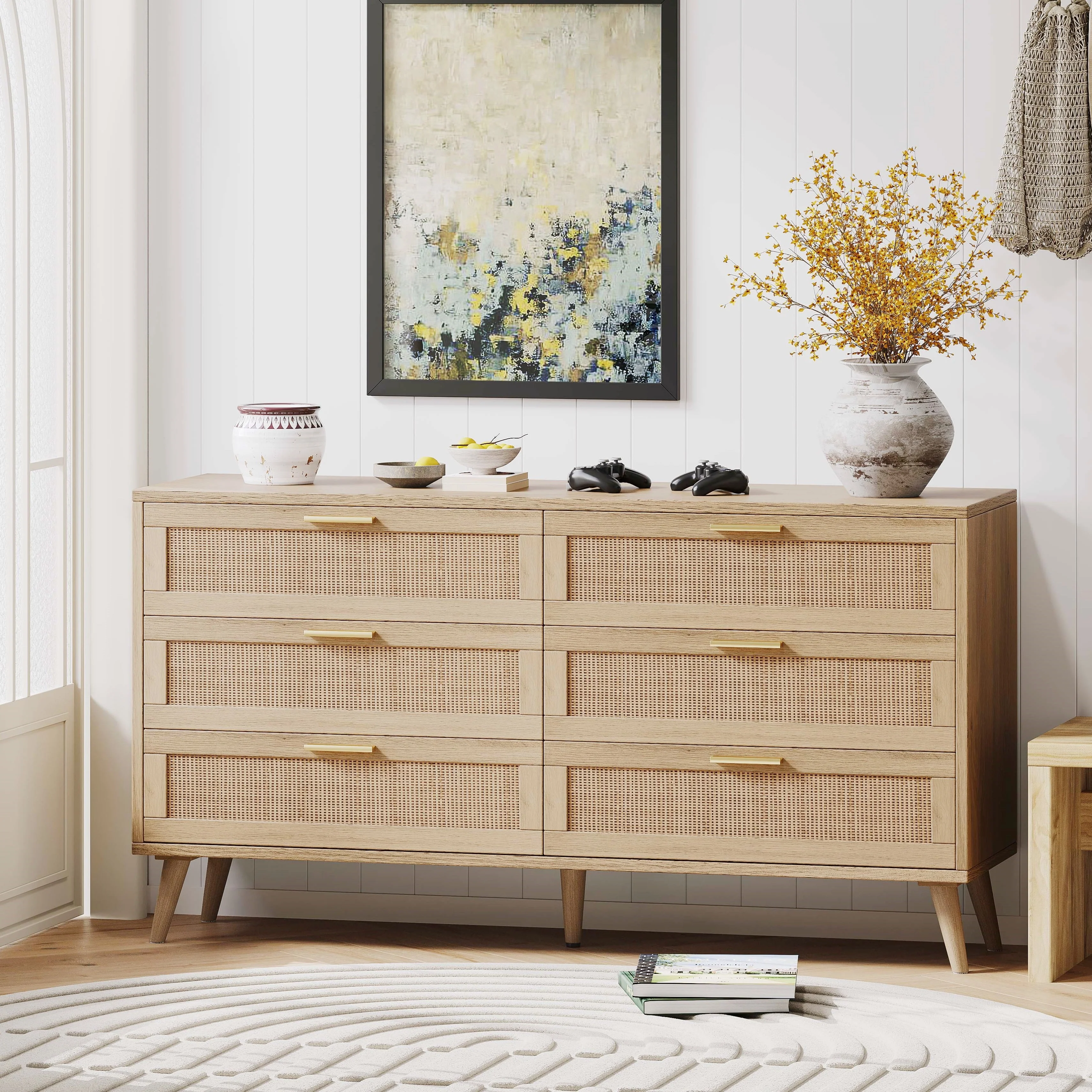 Rovaurx 6 Drawer Double Dresser Chest, Bedroom Chest of Dressers, Rattan Beside Table, Natural