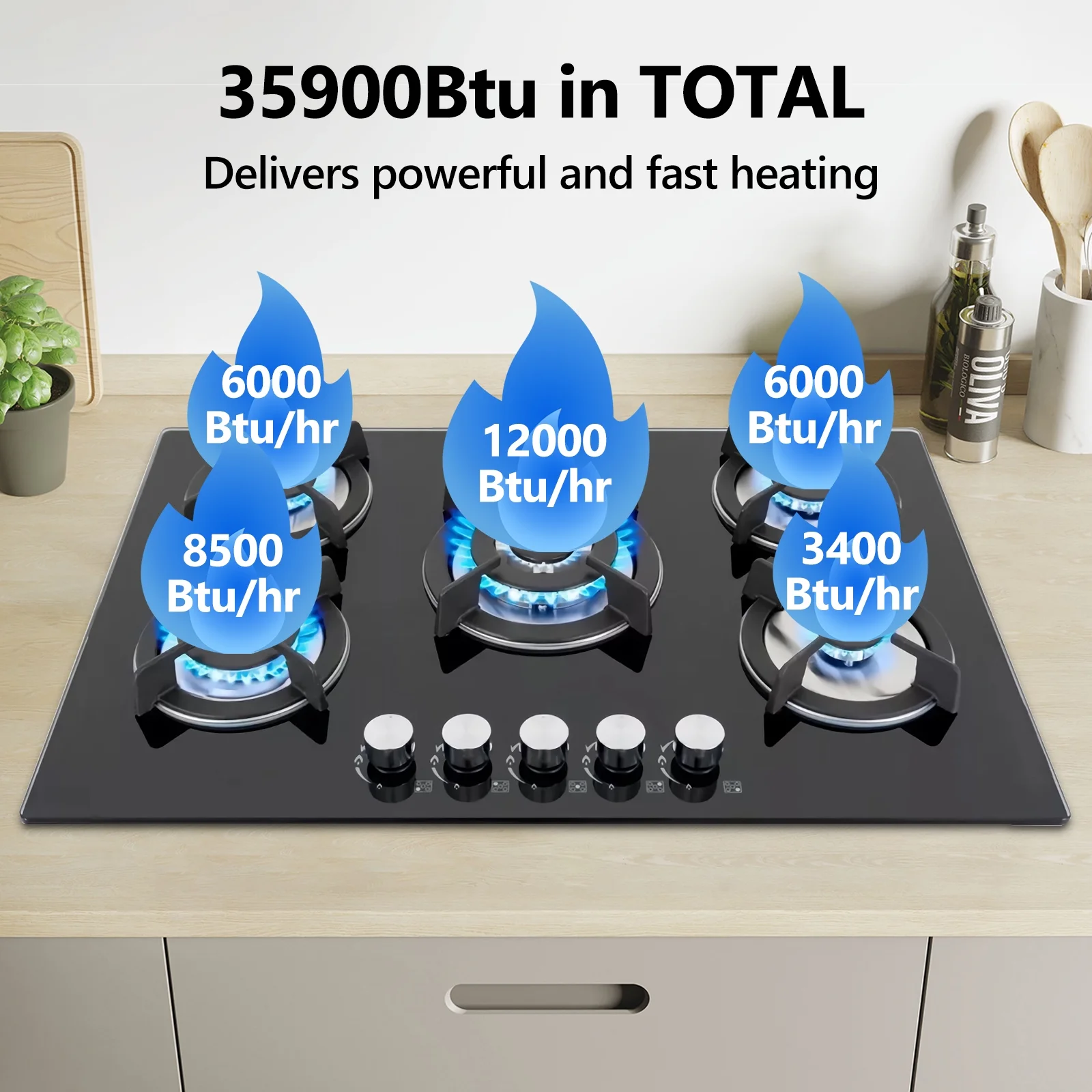 GRACEALL Gas Stove 30inch 5 Burners, Built-in Gas Stovetop with NG/LPG Conversion Kit, Glass Top Gas Burner (30in x 20.5in)