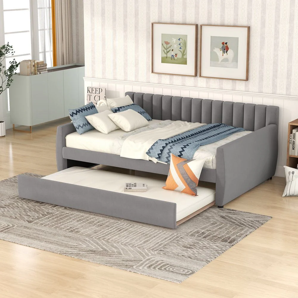 GZXS Full Size Upholstered Daybed with Trundle Bed for Living Room, Gray