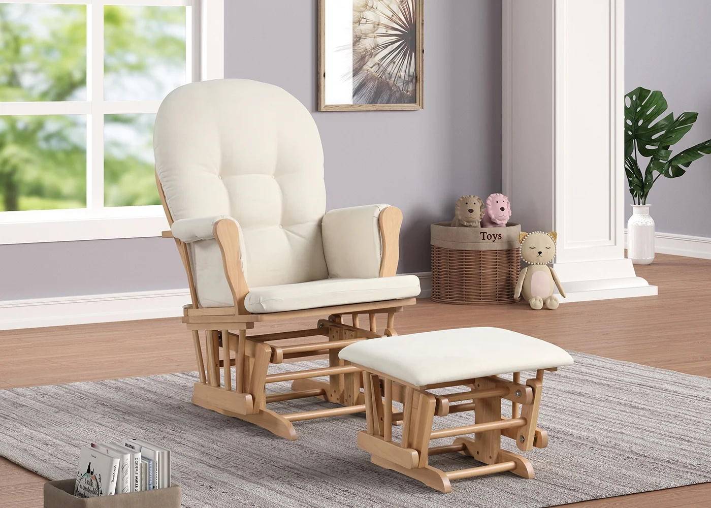 Angel Line Windsor Glider and Ottoman, Natural Finish with Gray Cushions