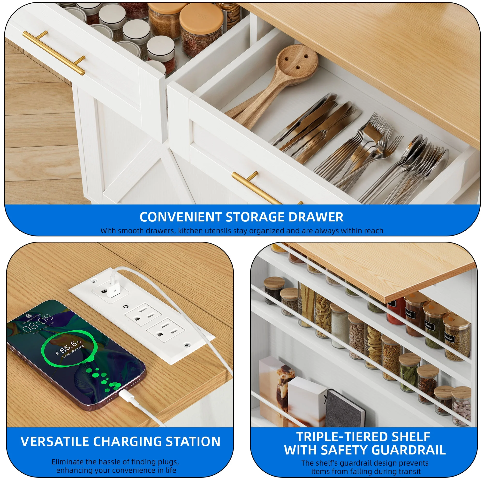 DEXTRUS Kitchen Island Cart with Drop Leaf & Power Outlets, Kitchen Island with 2 Trash Can Cabinets & Storage Shelves, Black