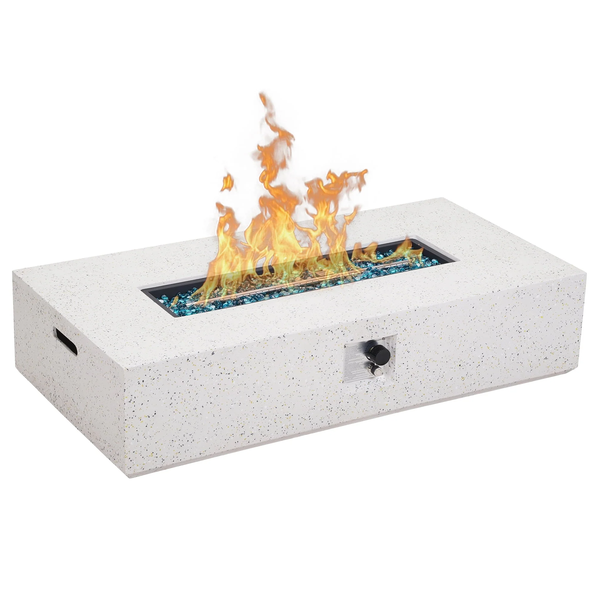 ESSENTIAL LOUNGER 56 inch Concrete Propane Fire Pit Table, 50,000 BTU Outdoor Firepit Rectangular Table for Garden＆Patio, with Propane Tank Metal Stand, Fire Glass Beads and Waterproof Cover, White