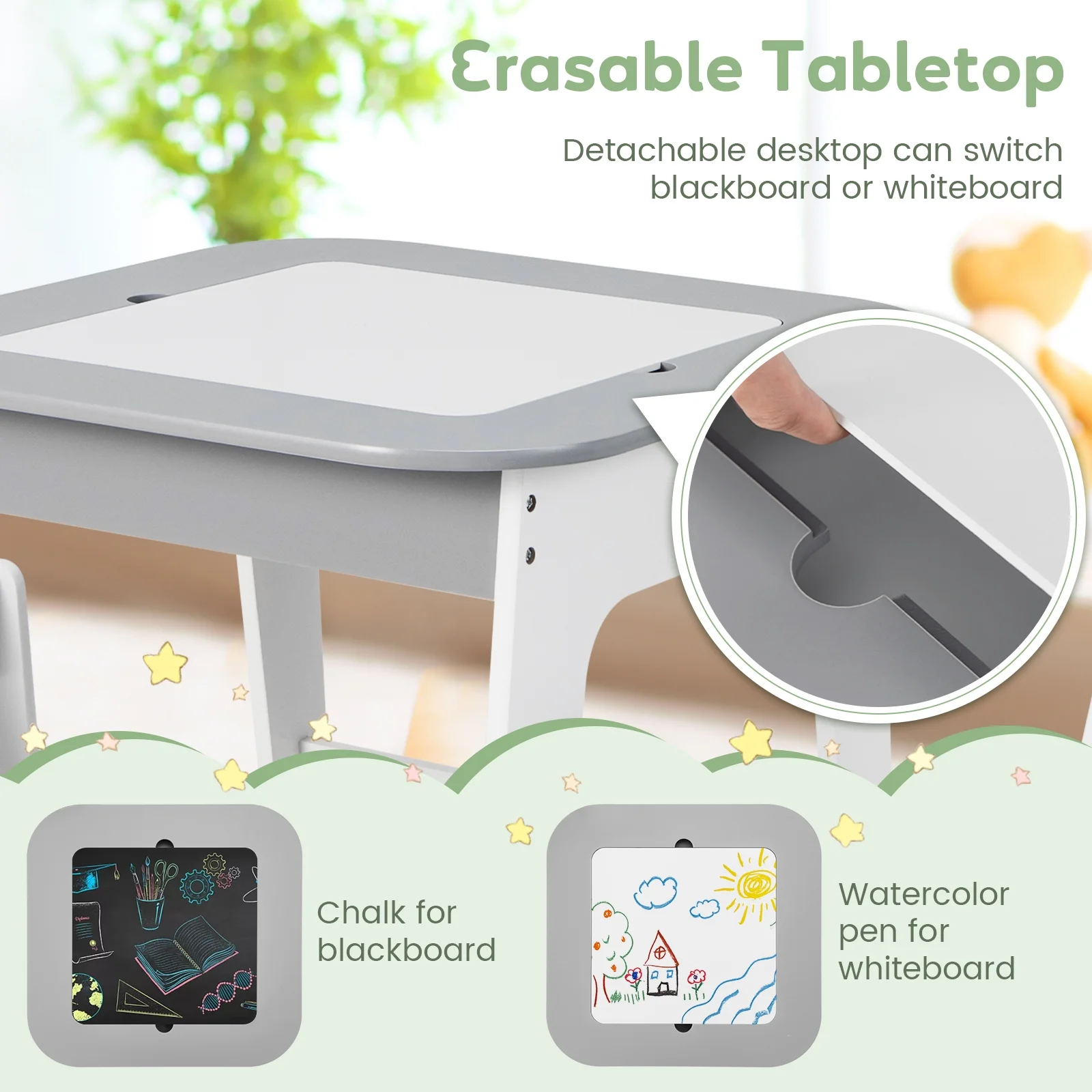OLAKIDS Kids Table and Chair Set, 3 in 1 Wooden Activity Table with Removable Tabletop, Blackboard and Whiteboard for Toddlers Arts Crafts Drawing Reading Playing, Playroom Nursery (Natural)