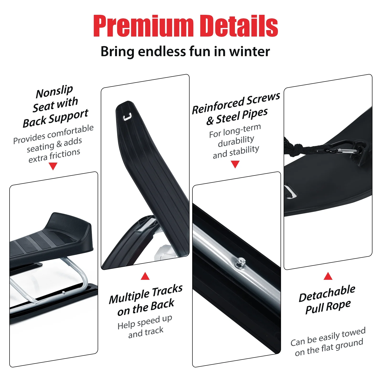 Costway Kids Snow Racer Sled w/ Steering Wheel & Double Brakes Pull Rope Snow Slider